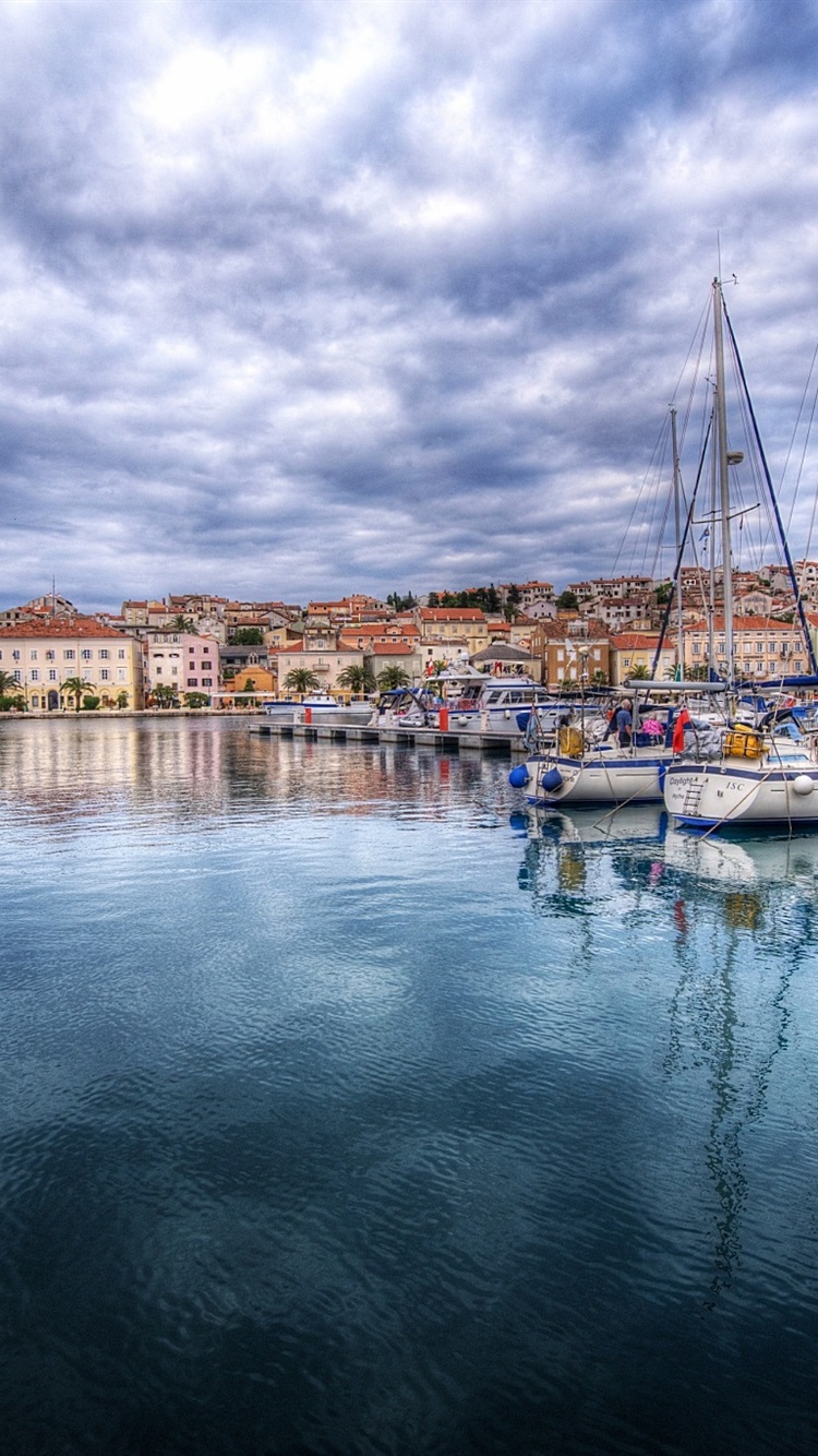 Croatia, marina, bay, boats, clouds