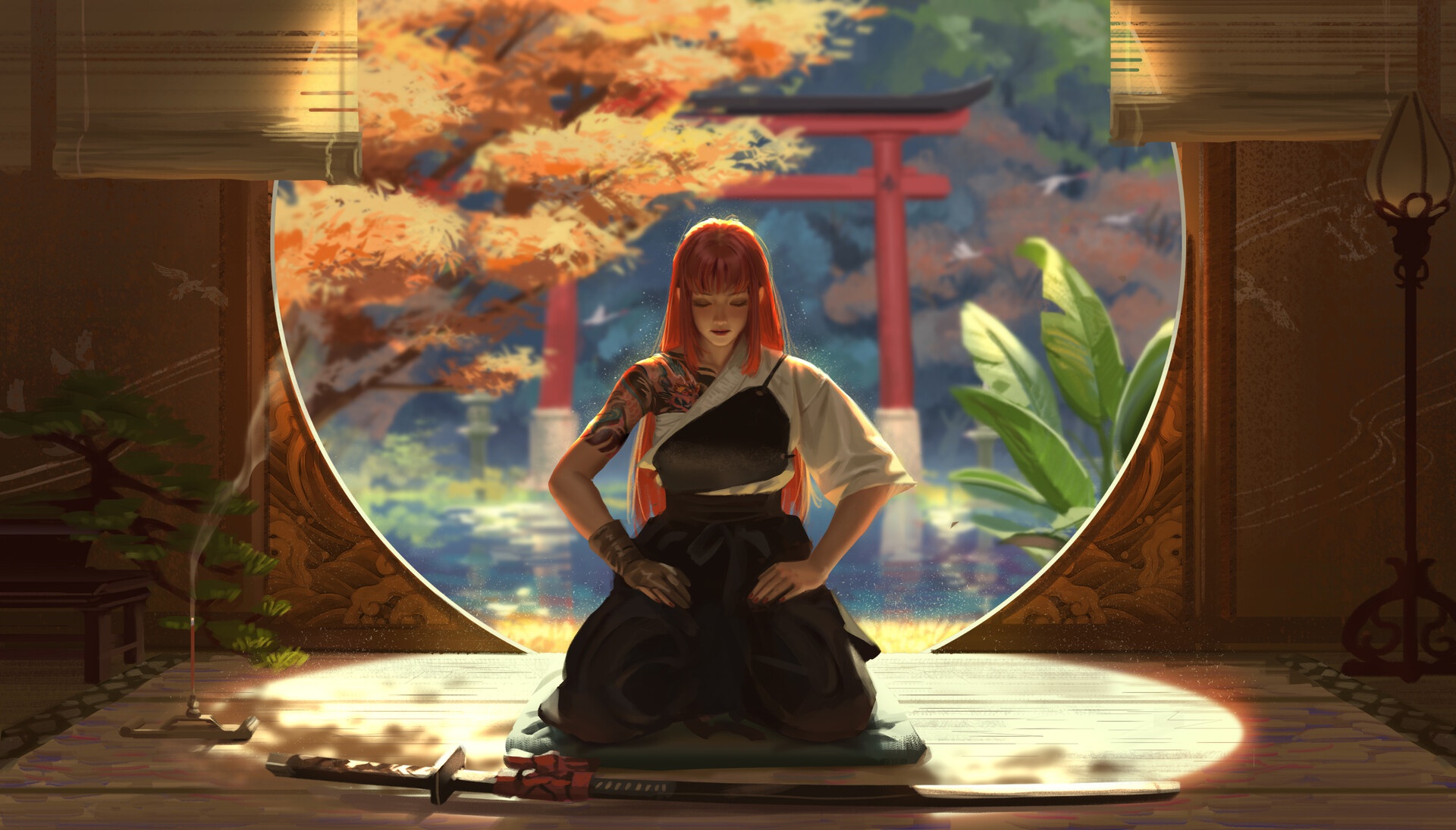 Wallpaper pond, katana, Japan