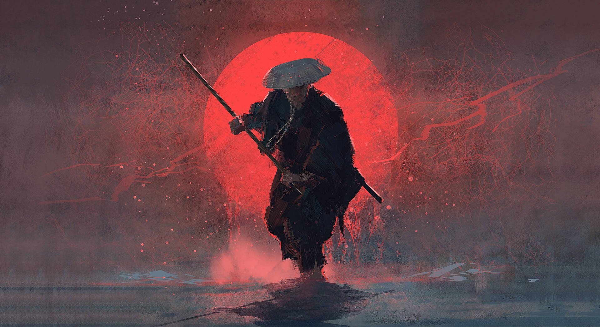 Download Samurai And Red Moon Wallpaper