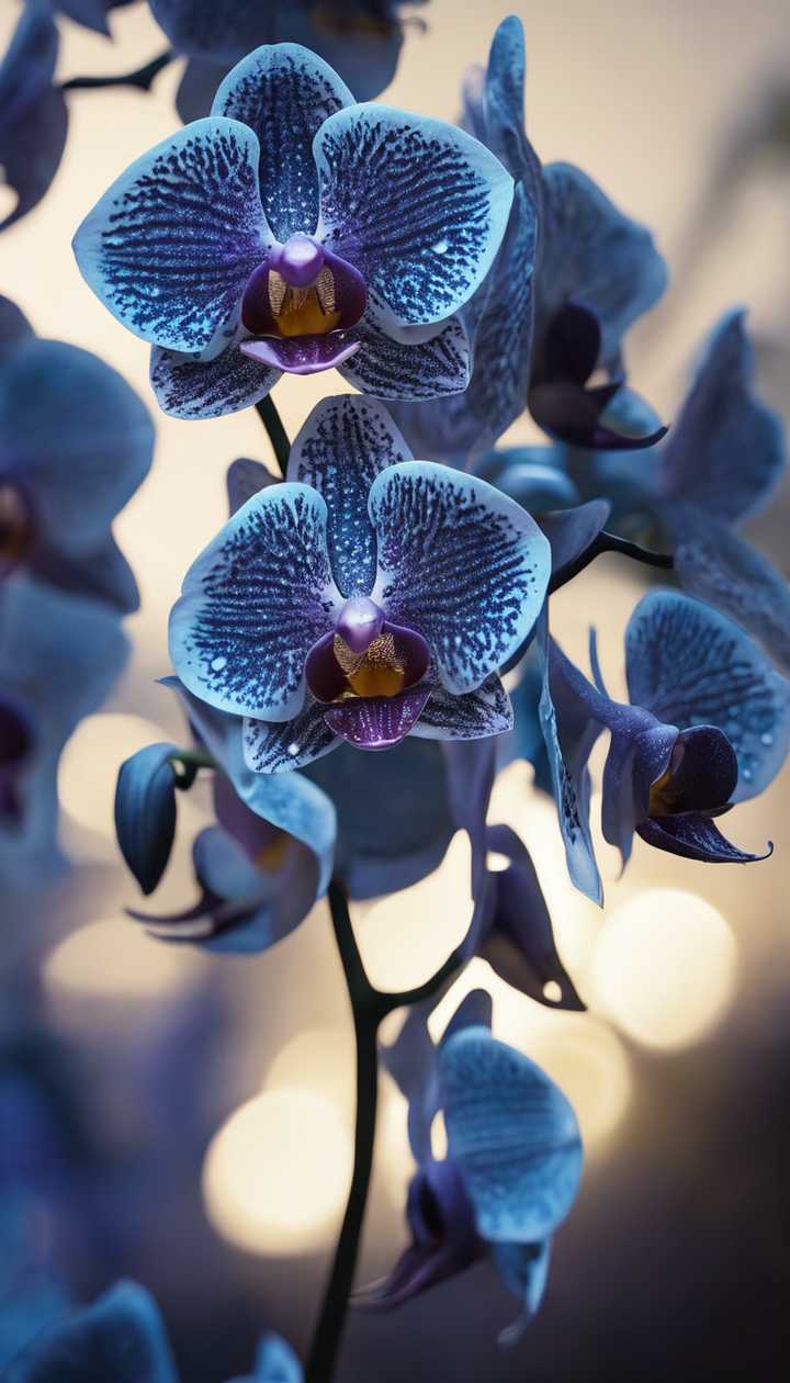 An array of blue orchids under