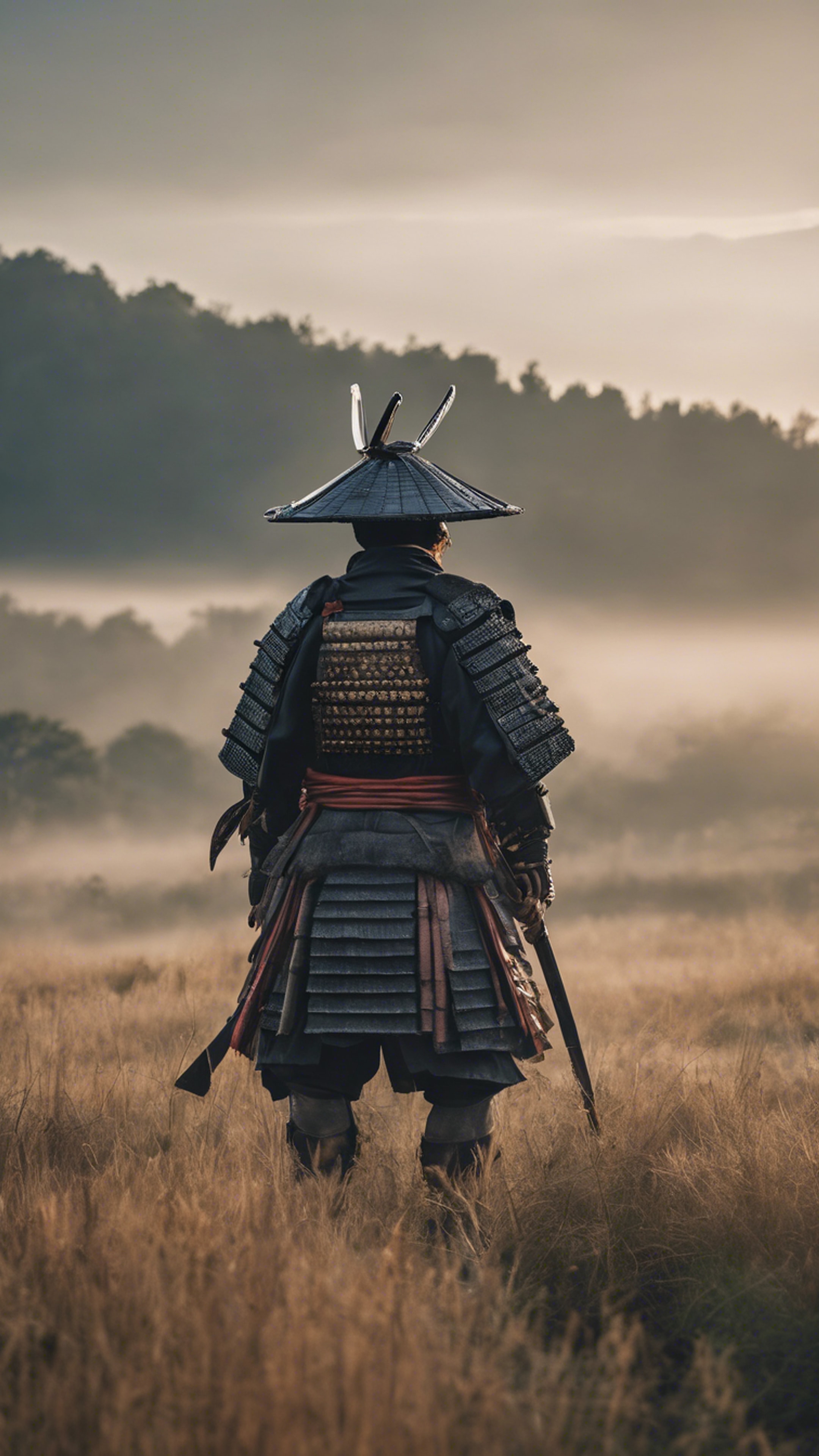 An old Samurai standing alone in the misty fields at dawn, donned in a full set of traditional samurai armor. Wallpaper [61344832442f4b65bd85]