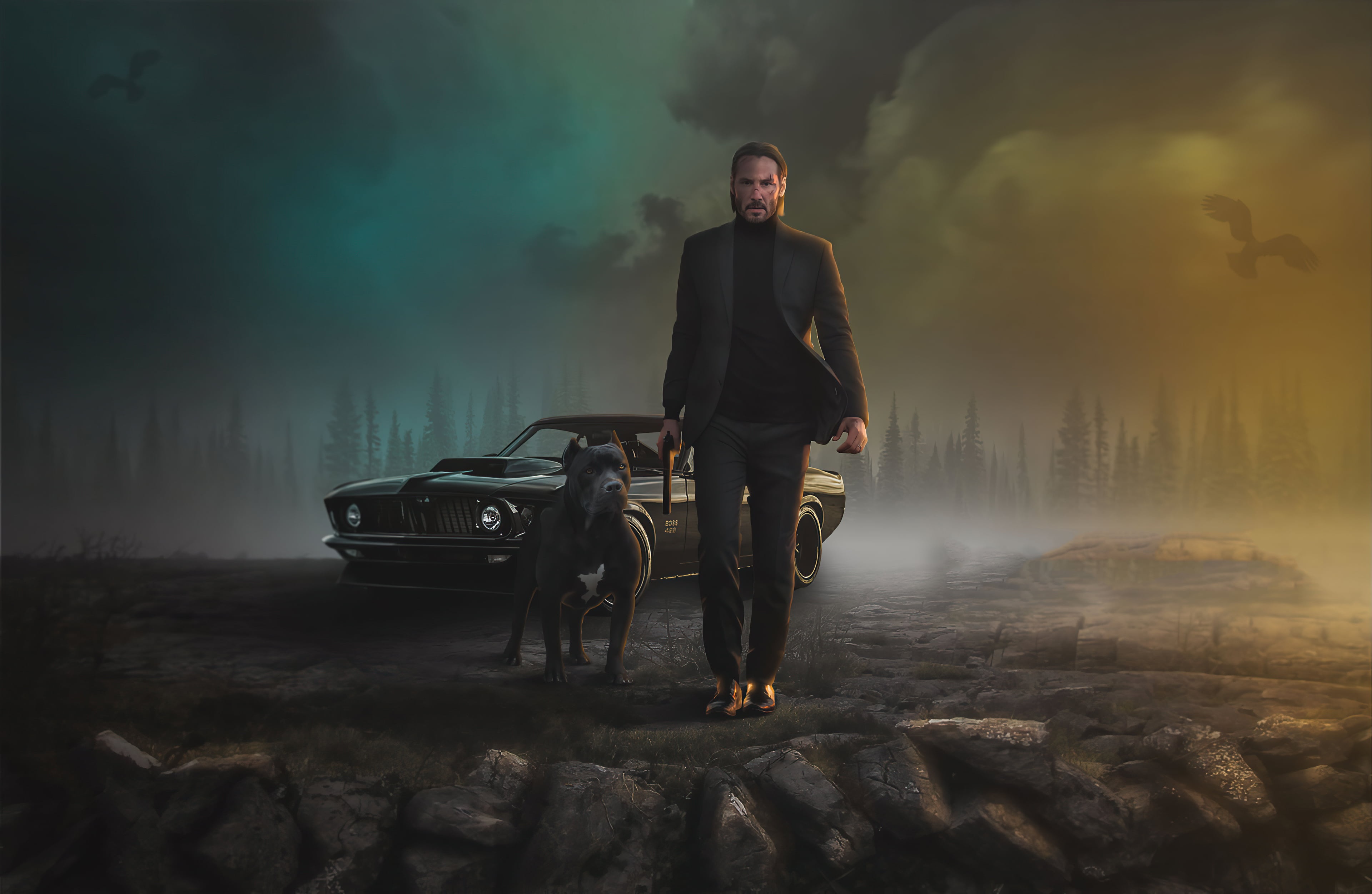 Wallpaper Night, Machine, Weapons, Ford Mustang, Car, Keanu Reeves, Dog, John Wick for mobile and desktop, section фильмы, resolution 3840x2504