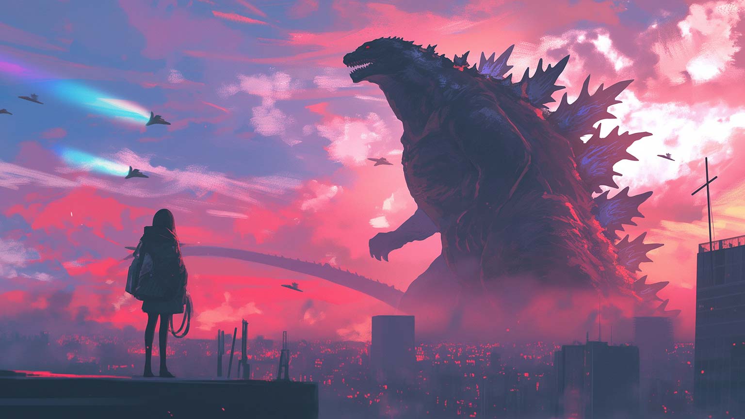 Girl Watching Godzilla Fight Desktop