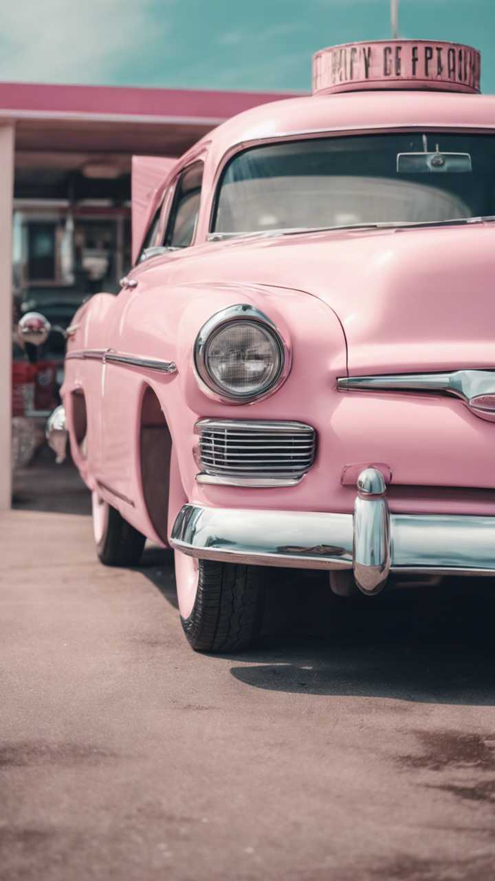 A retro car painted in pastel pink