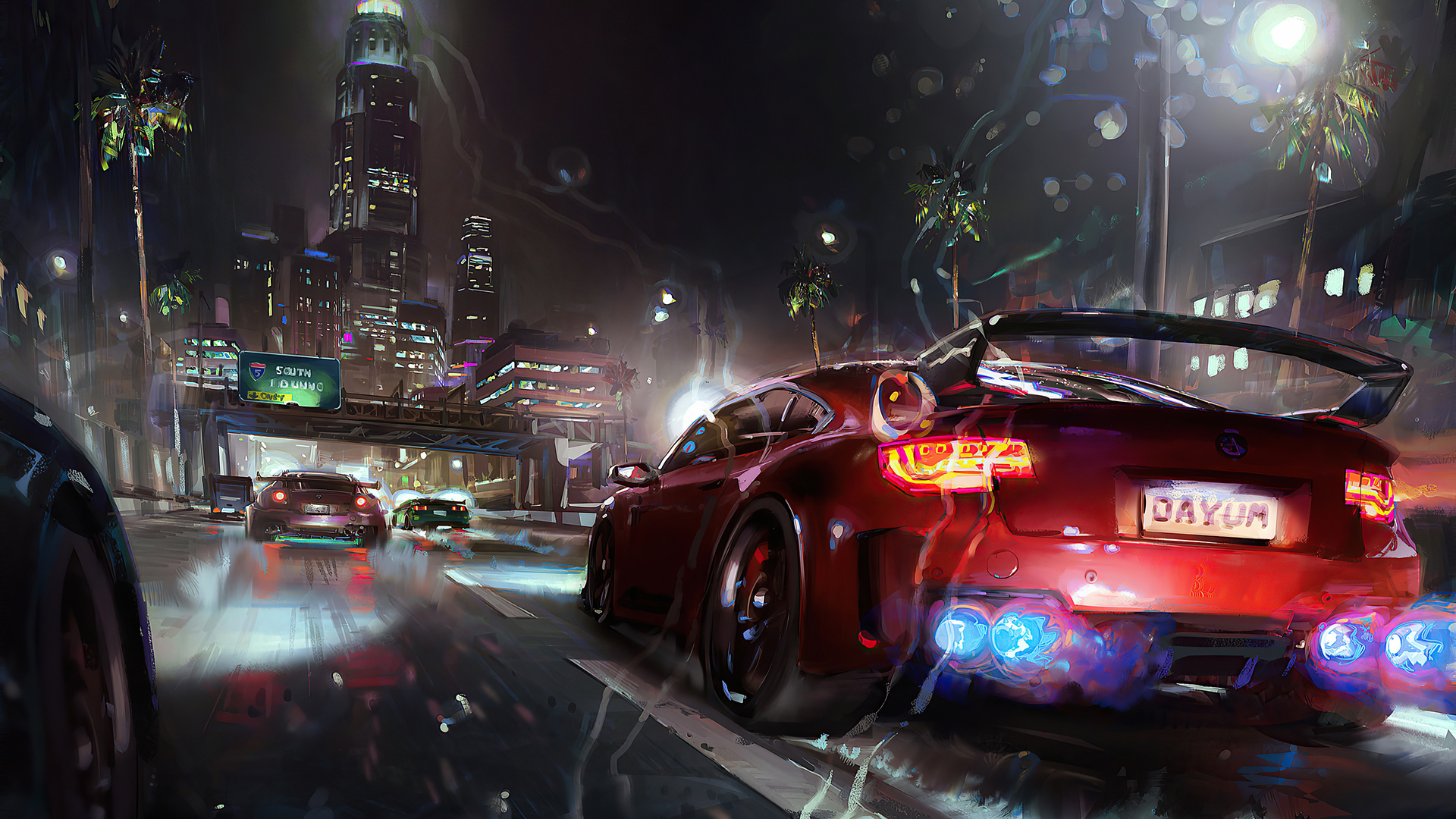 Red Sport Car City Rear View