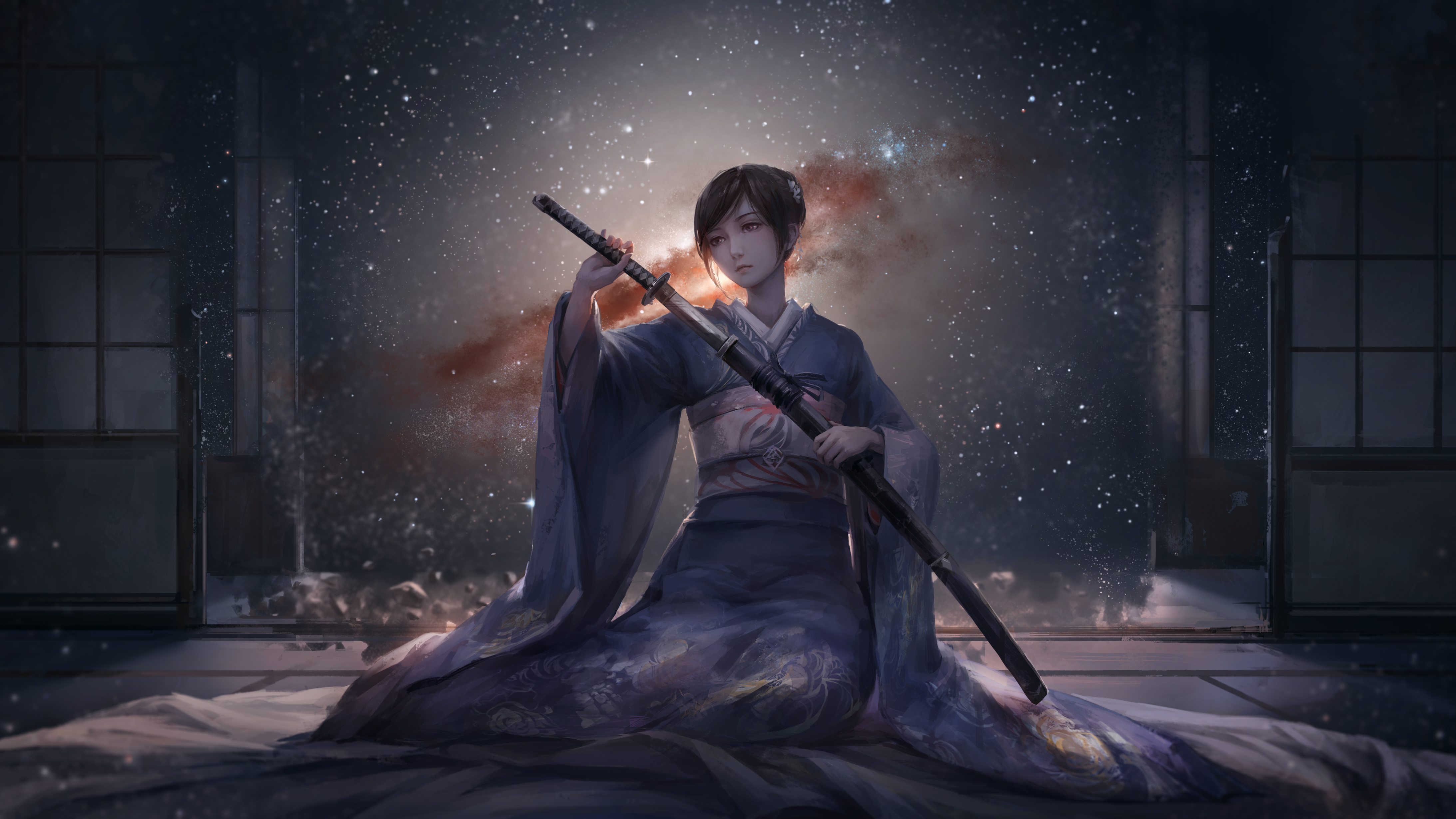 Fantasy, Stars, Kimono, Women, Sword