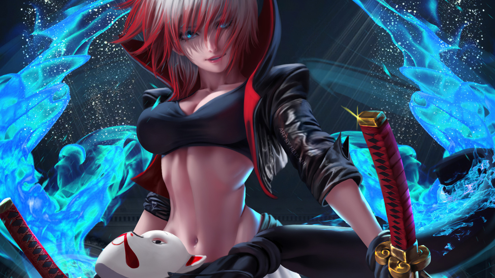 katana, anime, warrior, mask, blue eyes