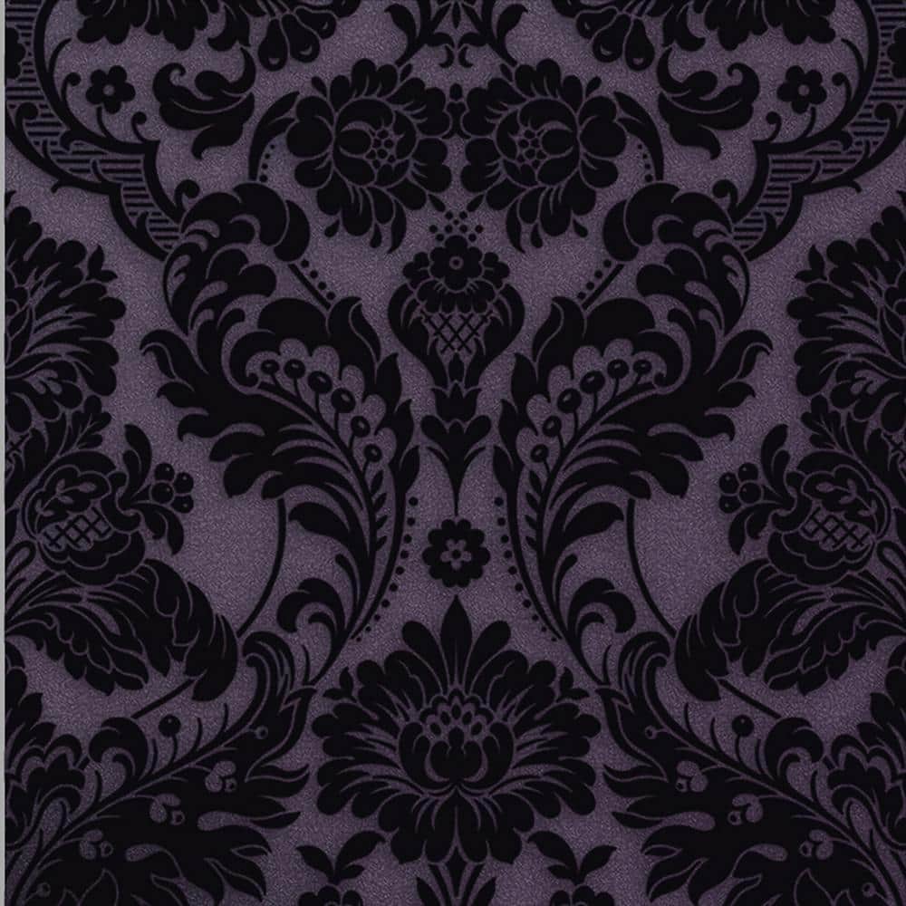 Graham & Brown Gothic Damask Flock Plum Purple and Black Paste the Wall Wallpaper 106586 Home Depot