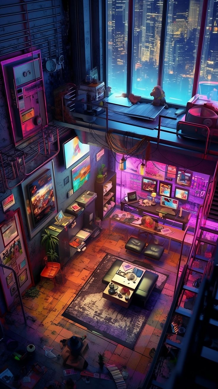 A Cyberpunk Apartment with a Mezzanine
