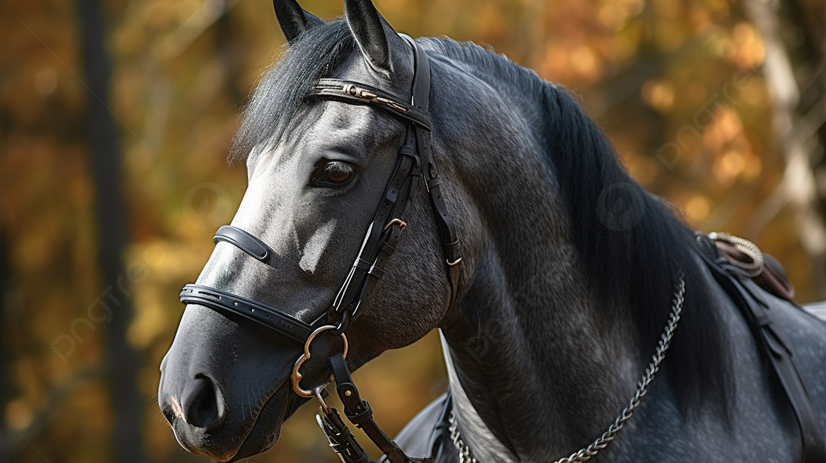Grey Horse With A Bridle Standing