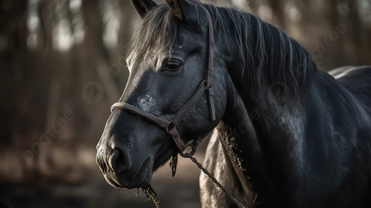 Black Horse Is Standing In A Wooded