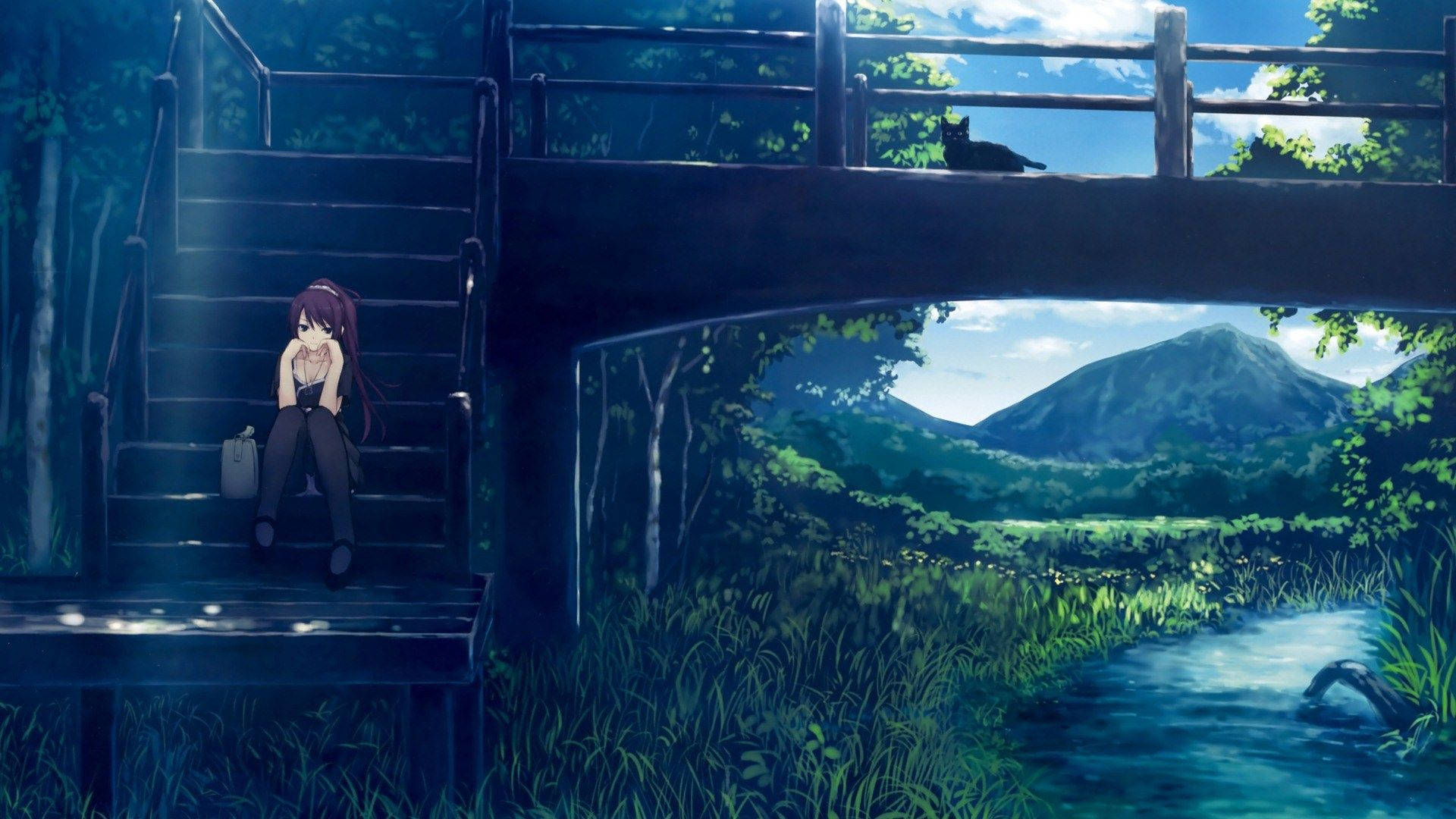 Download Sad anime girl standing on a bridge Wallpaper