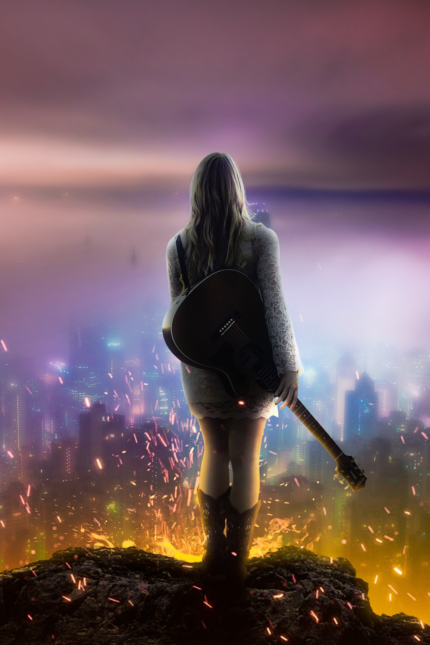 Girl dream music guitar night city 4k