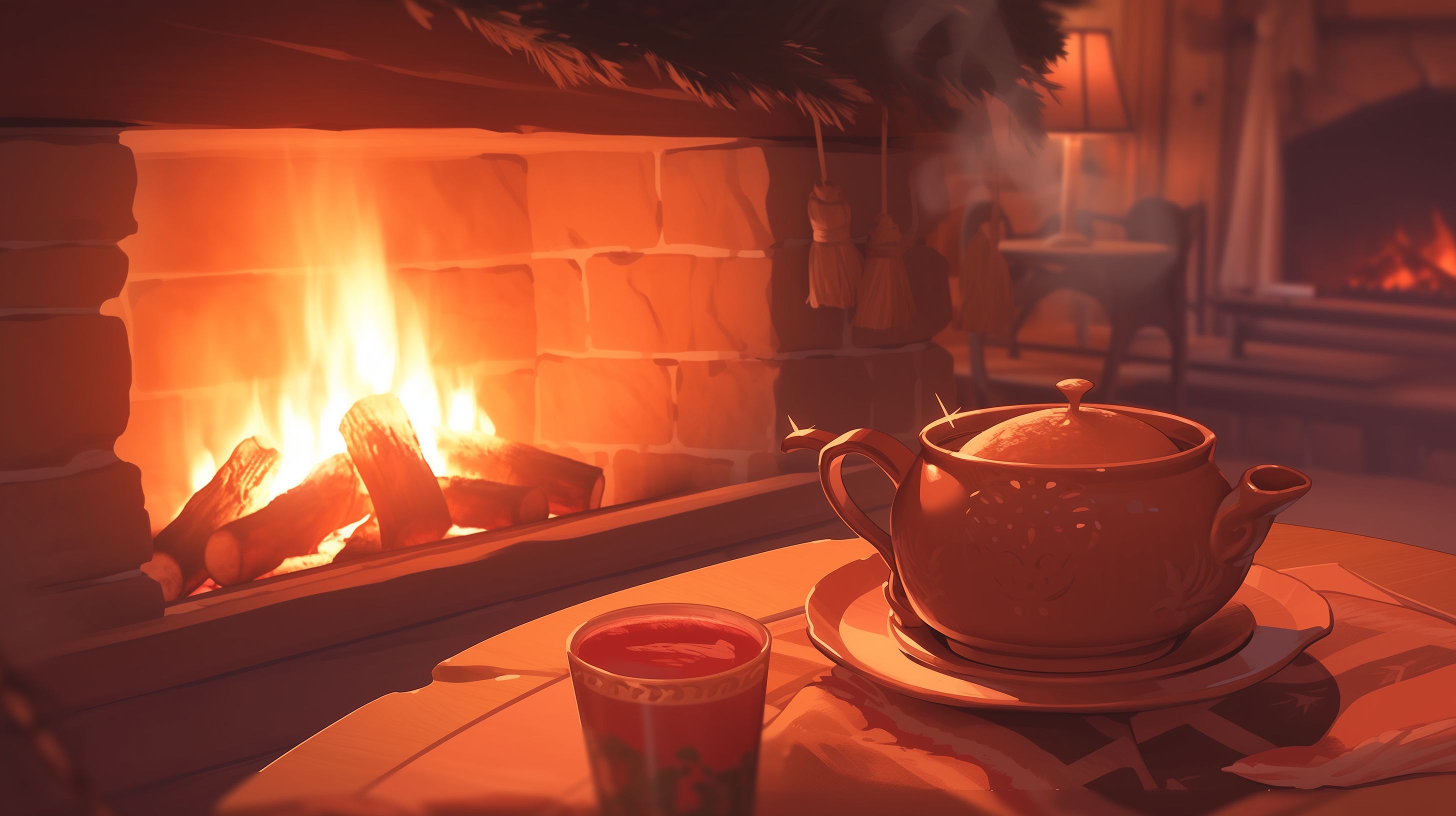 Cozy Fireplace Tea Time HD Wallpaper