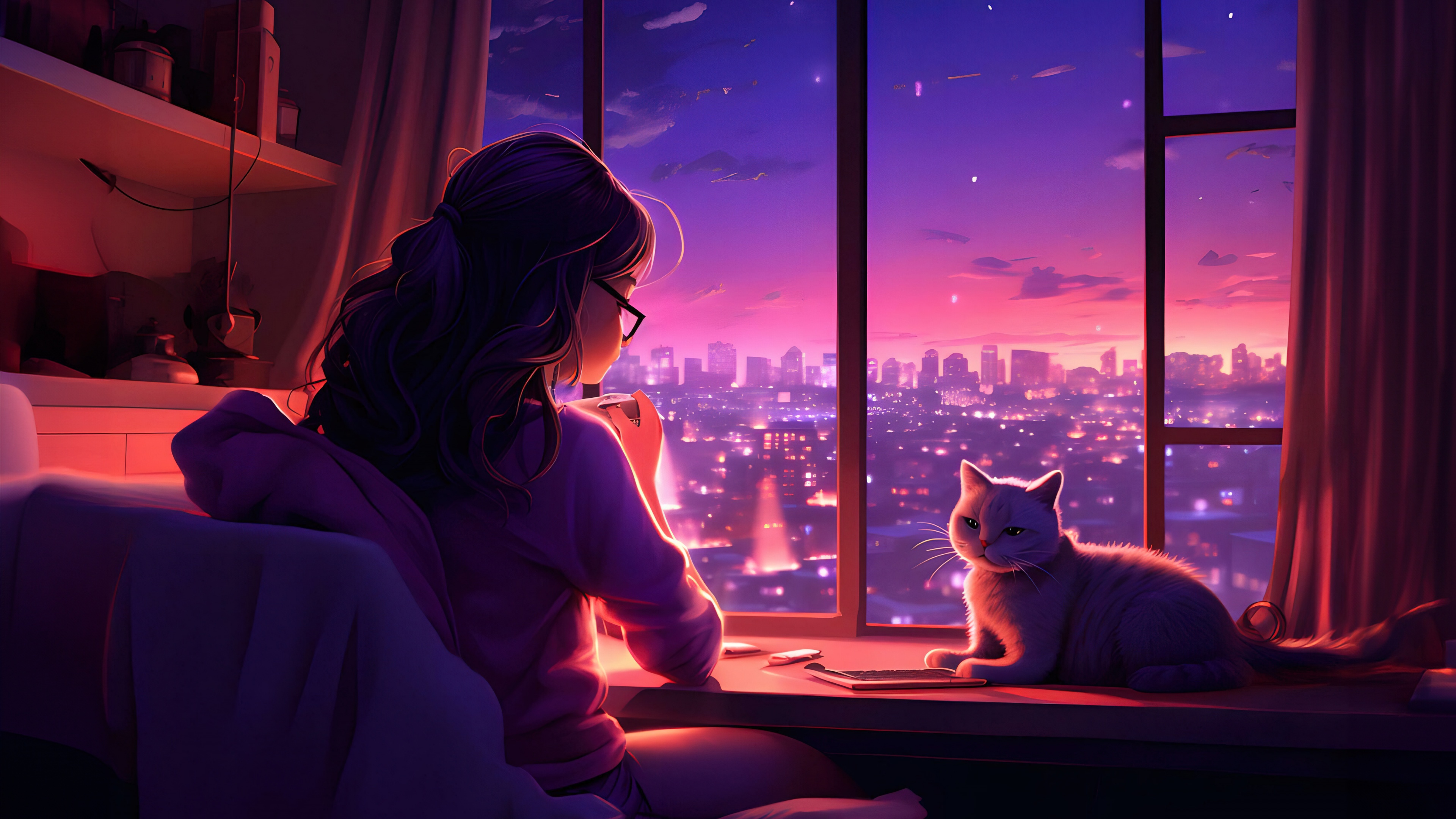Lofi girl Wallpaper 4K, Cozy, Cat, Window, Alone