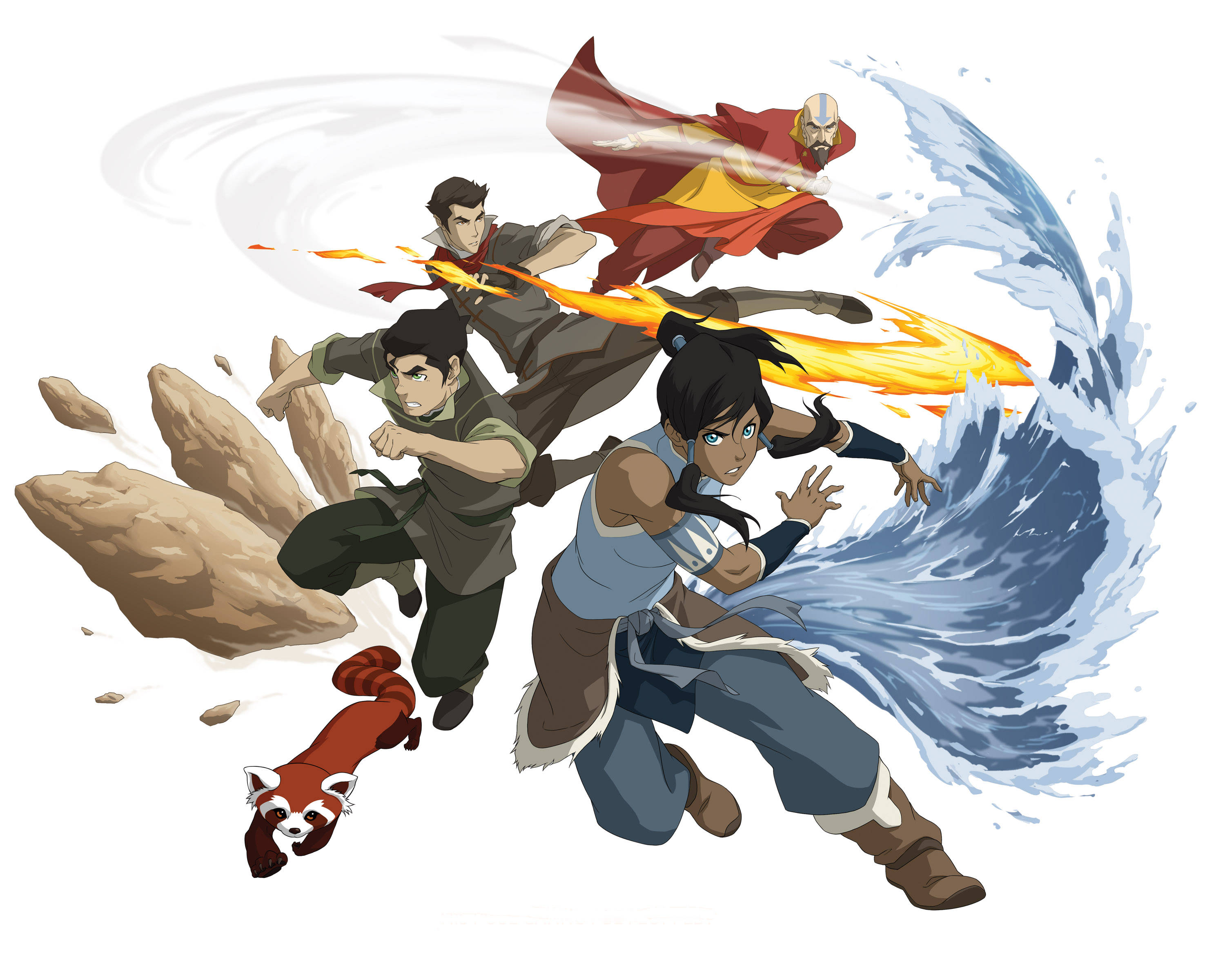 Phone wallpaper: Korra (The Legend Of Korra), Tenzin (The Legend Of Korra), Anime, Avatar: The Legend Of Korra, Bald, Blue Eyes, Bolin (Avatar), Brown Hair, Ferret, Fire, Green Eyes, Mako (Avatar), Orange