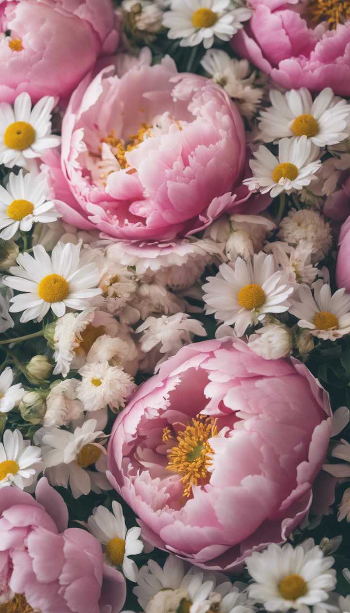 pink peonies and small white daisies