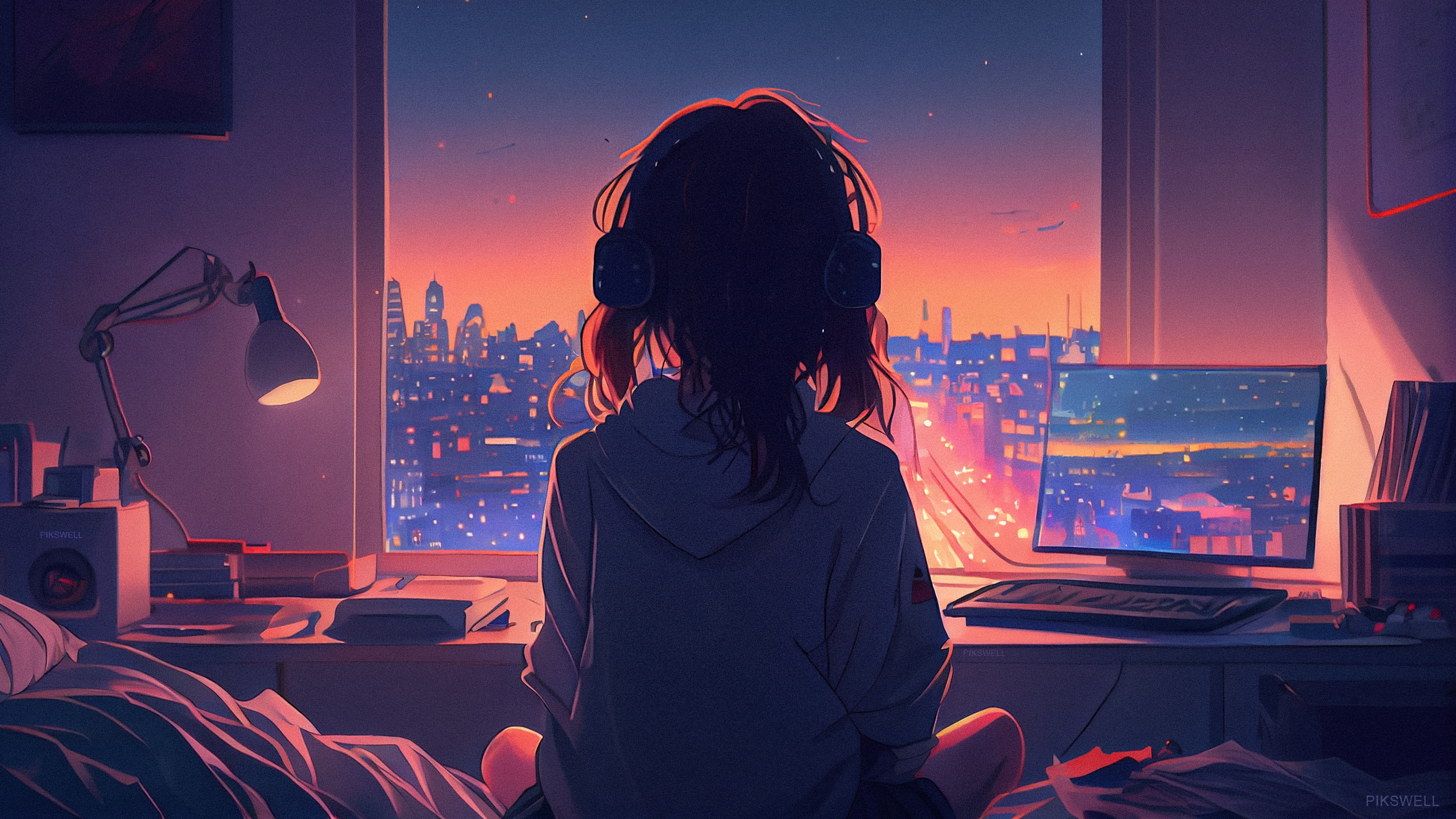 Anime Lofi girl Listening music 5K