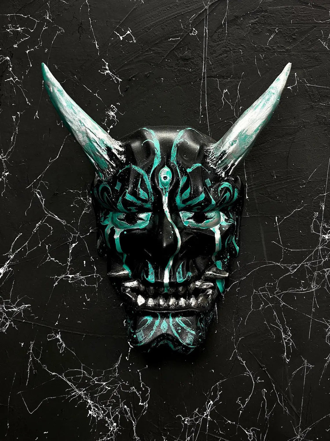 Teal Calligraphy Oni Demon Mask