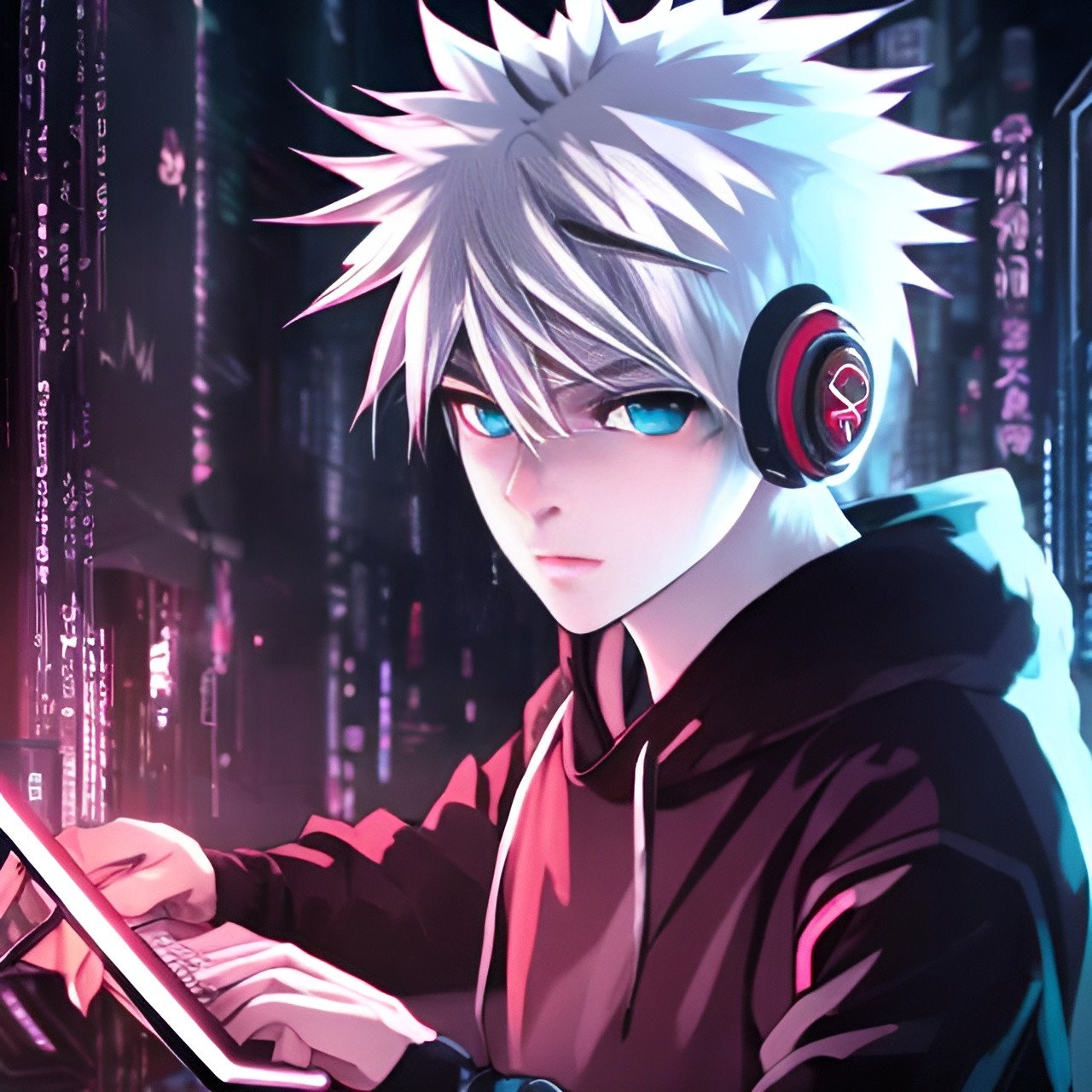 cute anime boy with white hair, intense