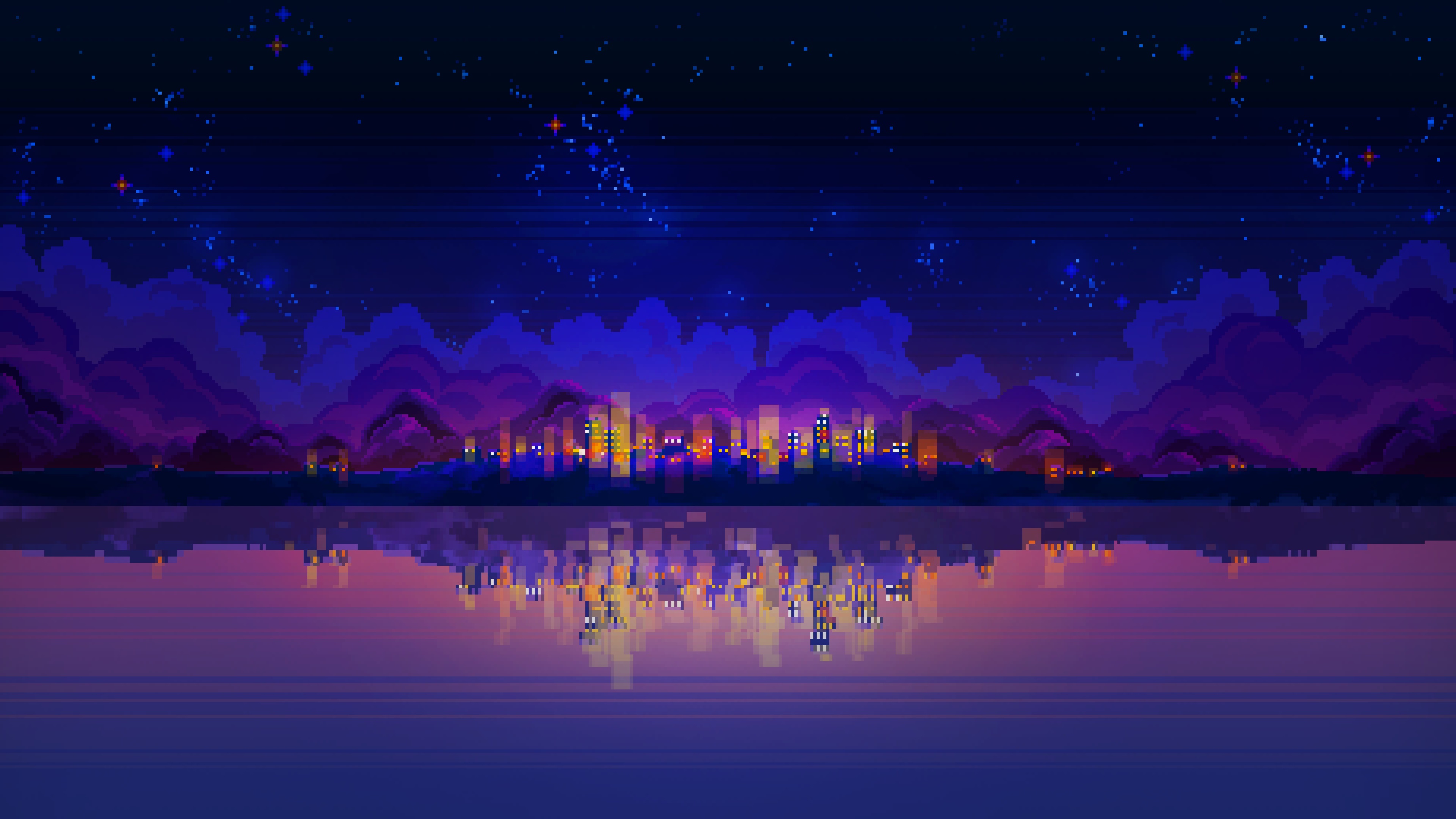 Pixelated Dreamscape City Reflections