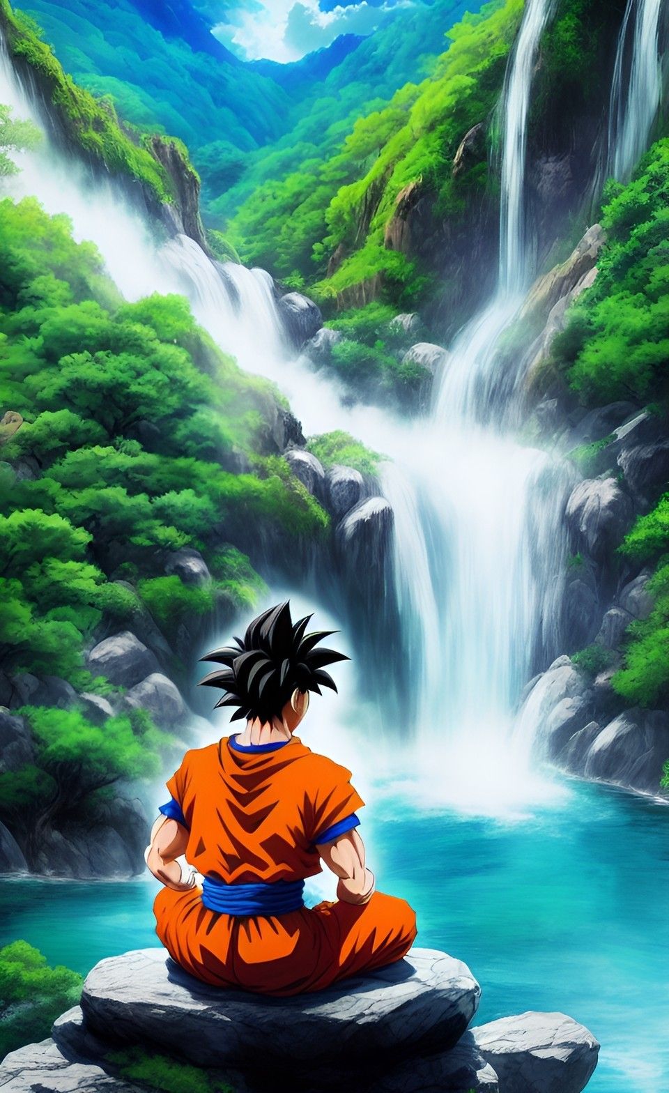 Goku meditates on a waterfall