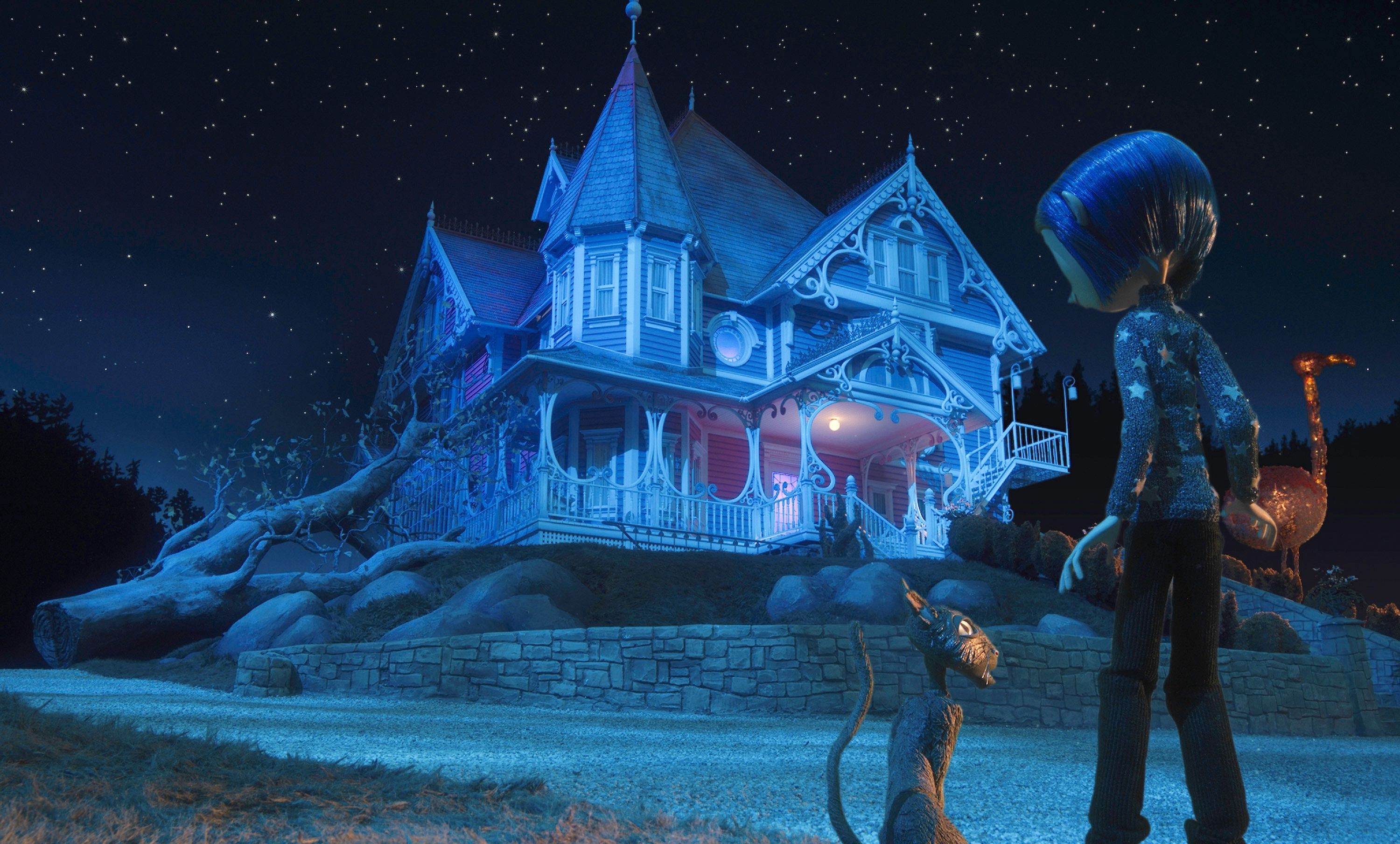 Coraline HD Movie Wallpaper: Enchanting Night at the Otherworldly House