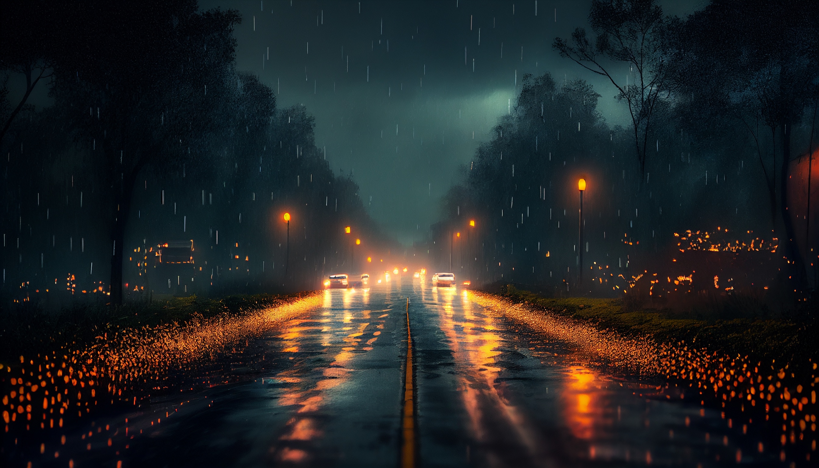 illuminated road on a rainy night