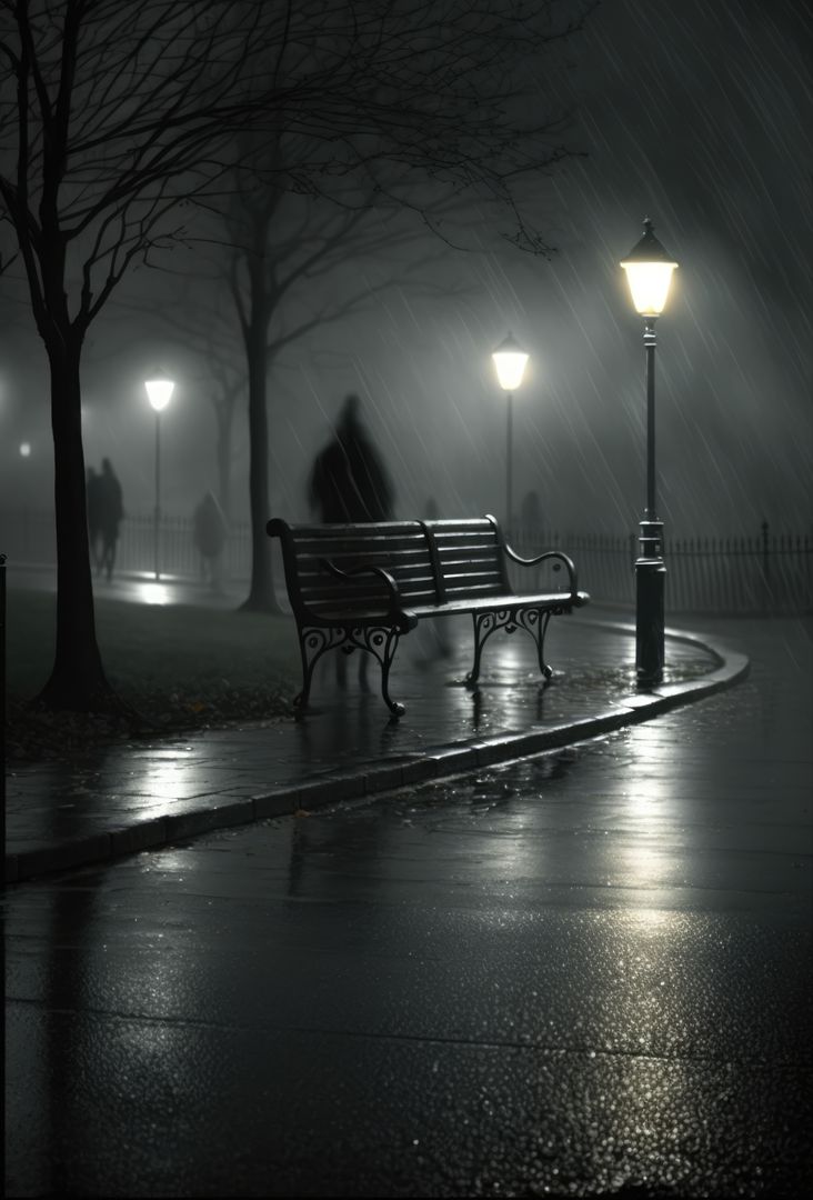 Mysterious Urban Park at Night in Rain