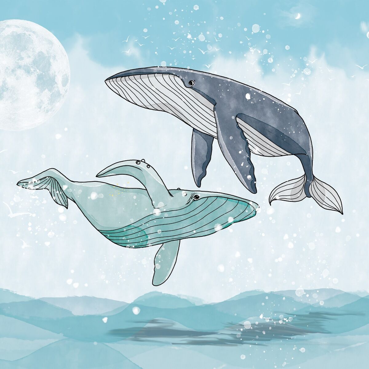 Wallpaper mural cartoon whales sea life