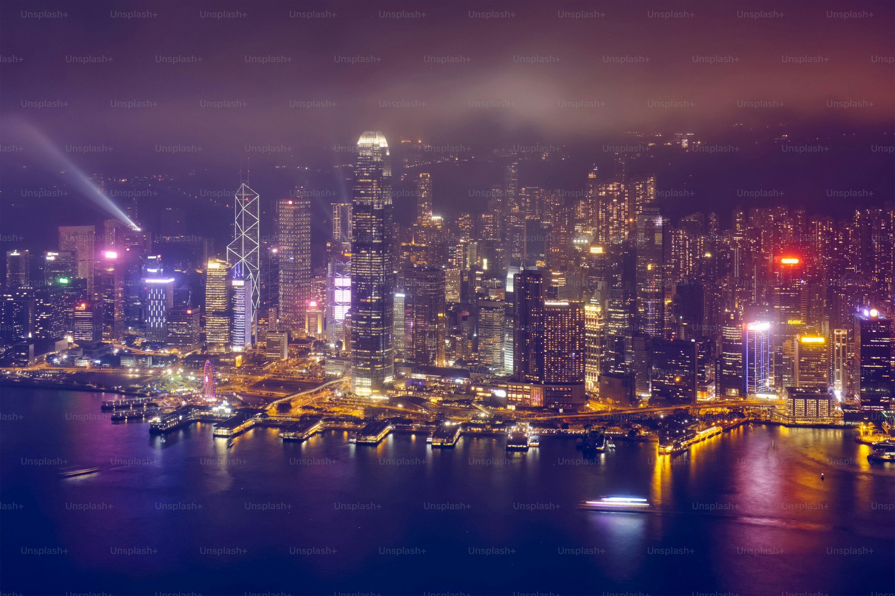 Aerial view of illuminated Hong Kong