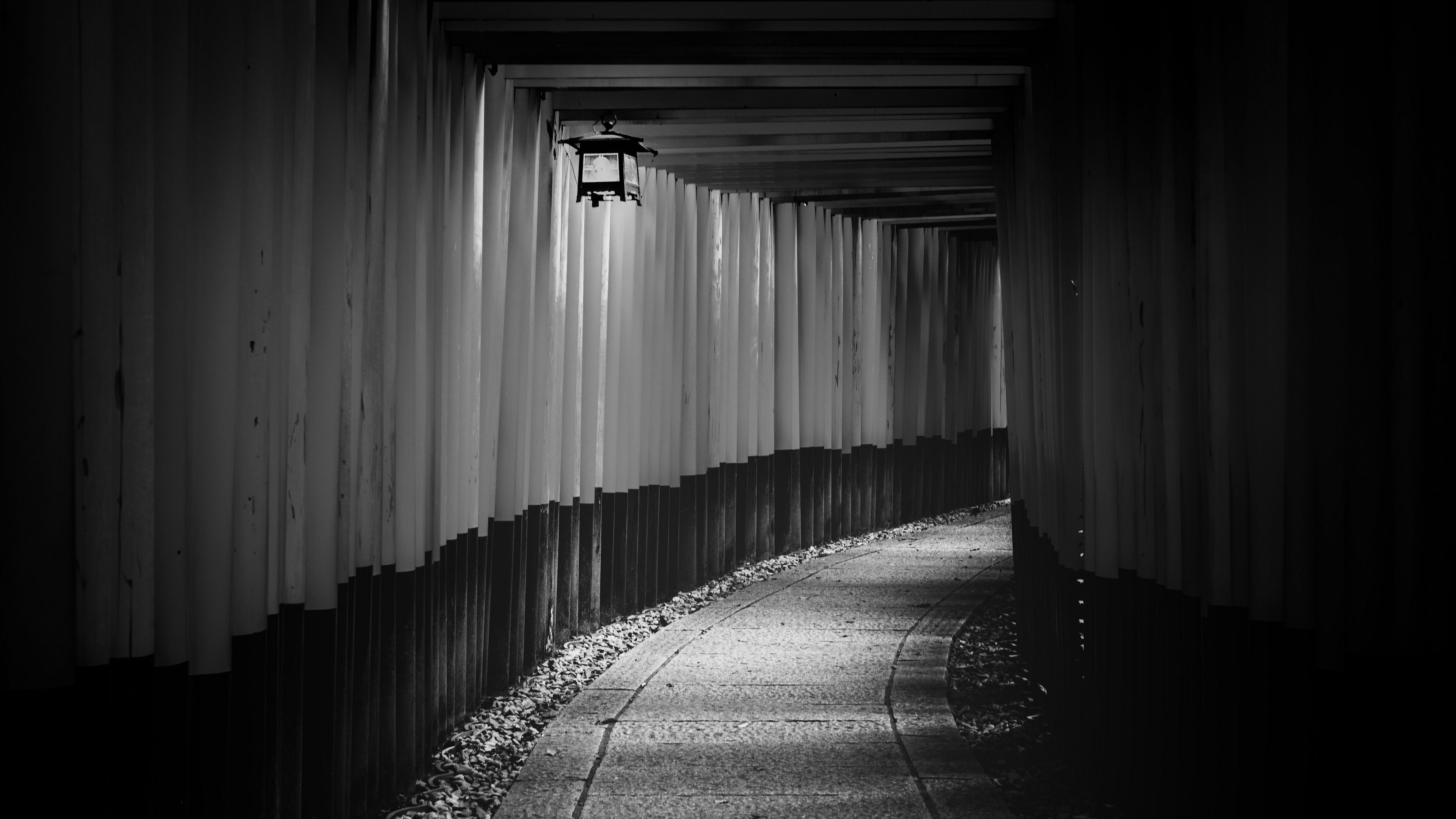 Download wallpaper 3840x2160 tunnel, gate, temple, japan, black and white 4k uhd 16:9 HD background