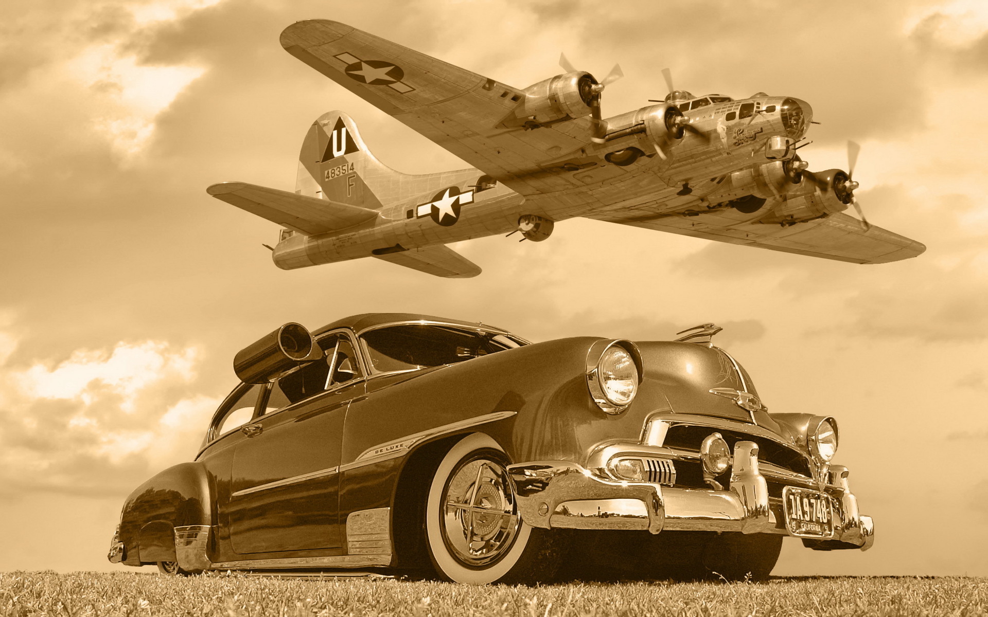 chevrolet, B17, Car, Plane, Aircrafts, Lowrider, Classic, Military, Flight, Fly, Sepia, Monochrome, Sky, Clouds Wallpaper HD / Desktop and Mobile Background