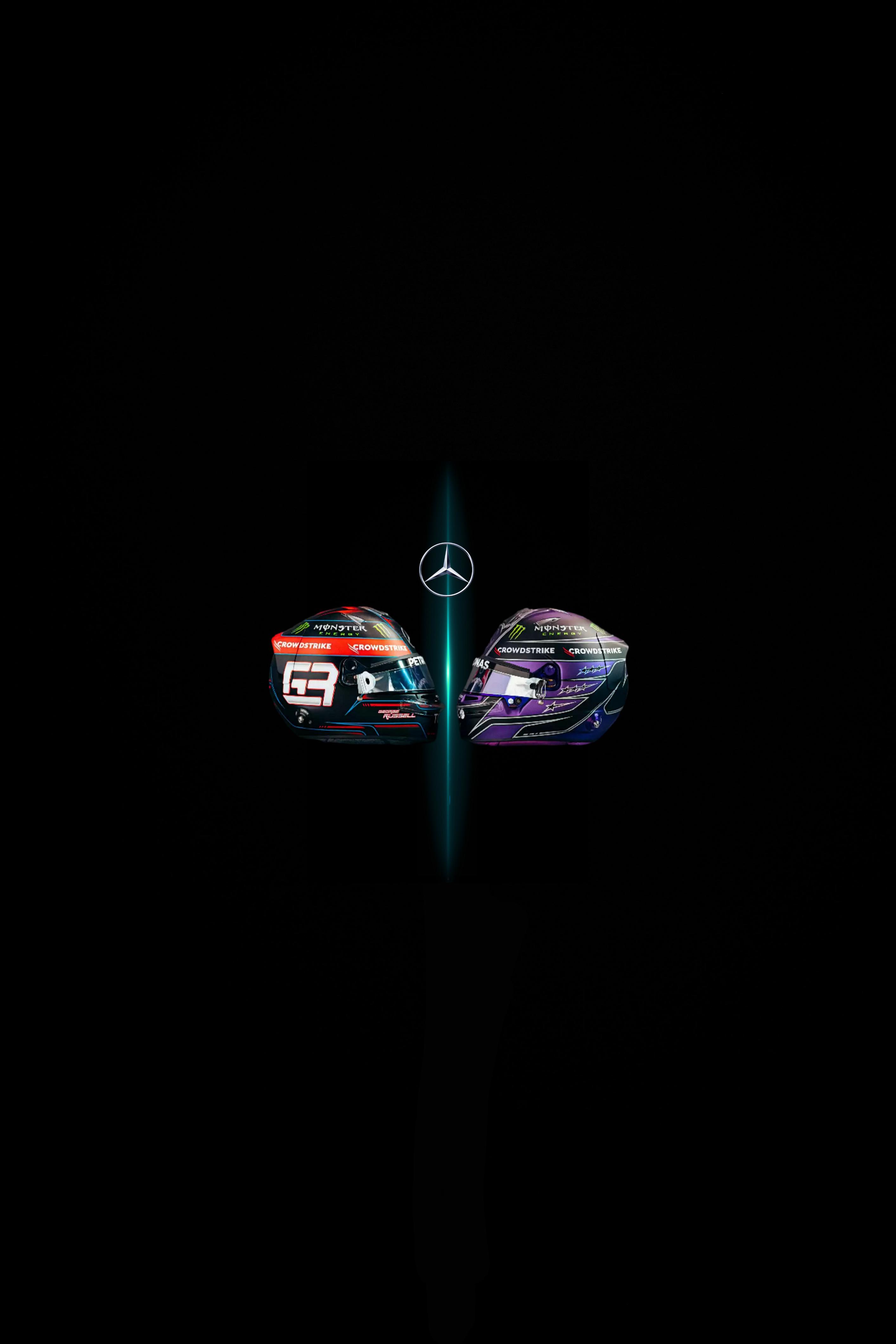 Team Mercedes F1: Russell & Hamilton helmets. Minimalist wallpaper