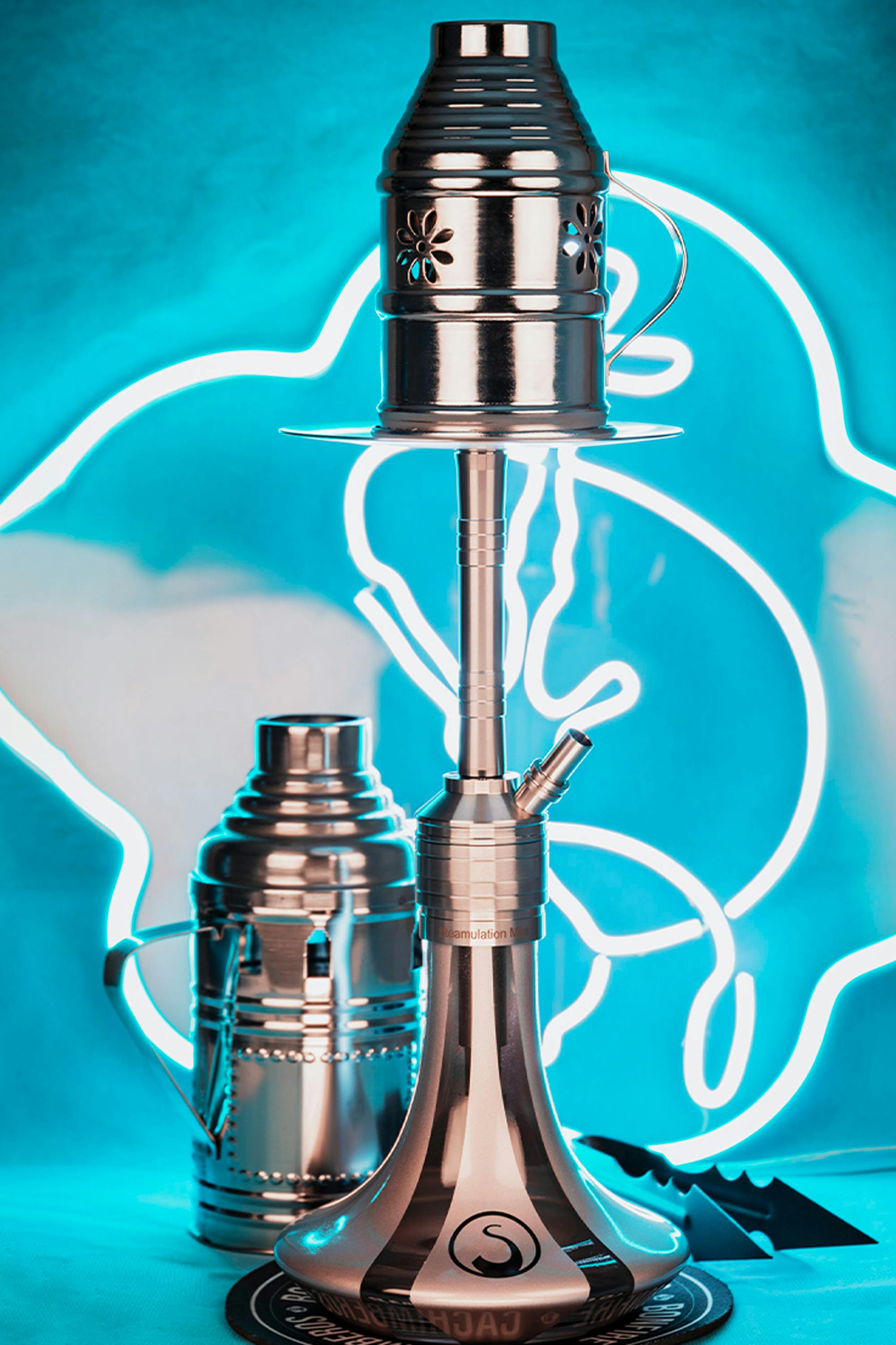 Silver Hookah with Blue Neon in