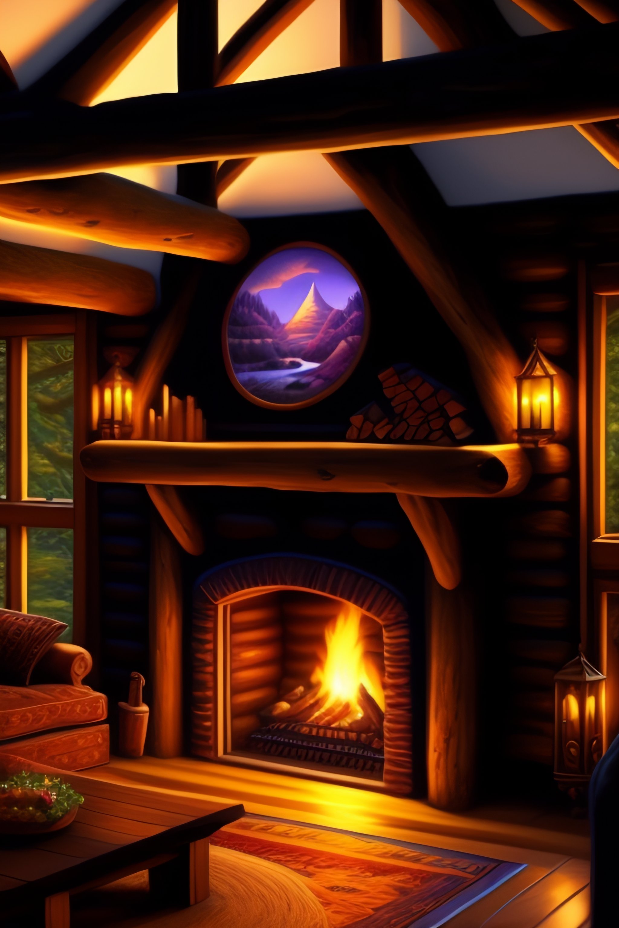 cozy wooden house with a fireplace