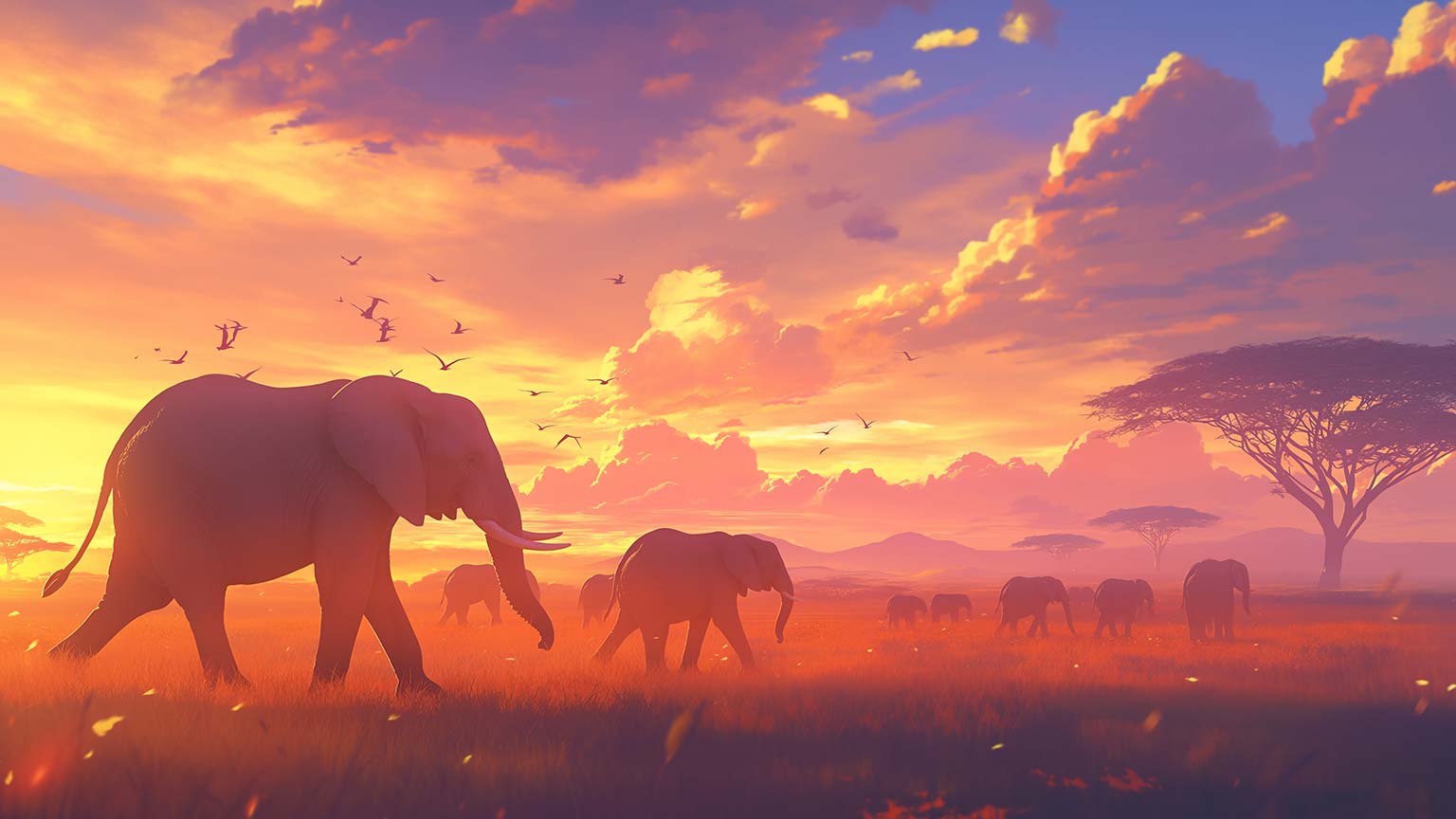 Elephants Savanna Sunset Desktop Wallpaper
