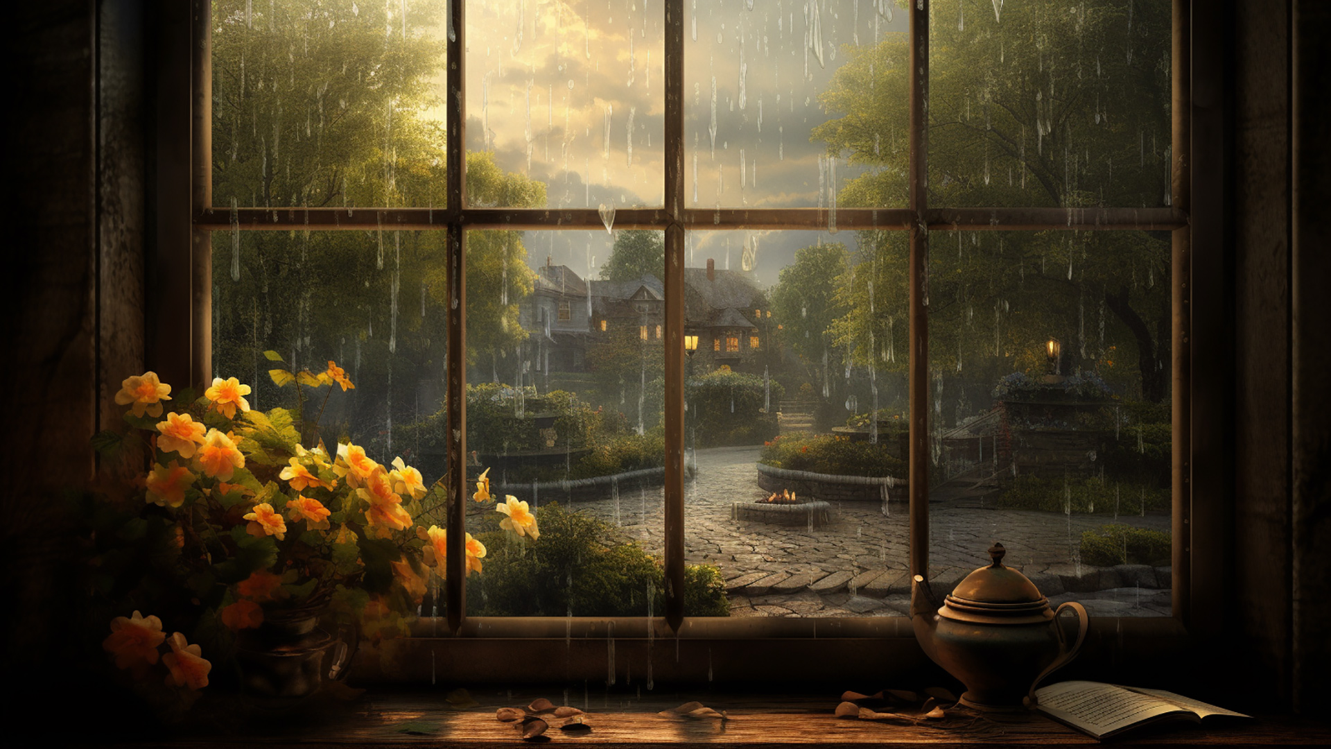 Rainy day window view desktop wallpaper