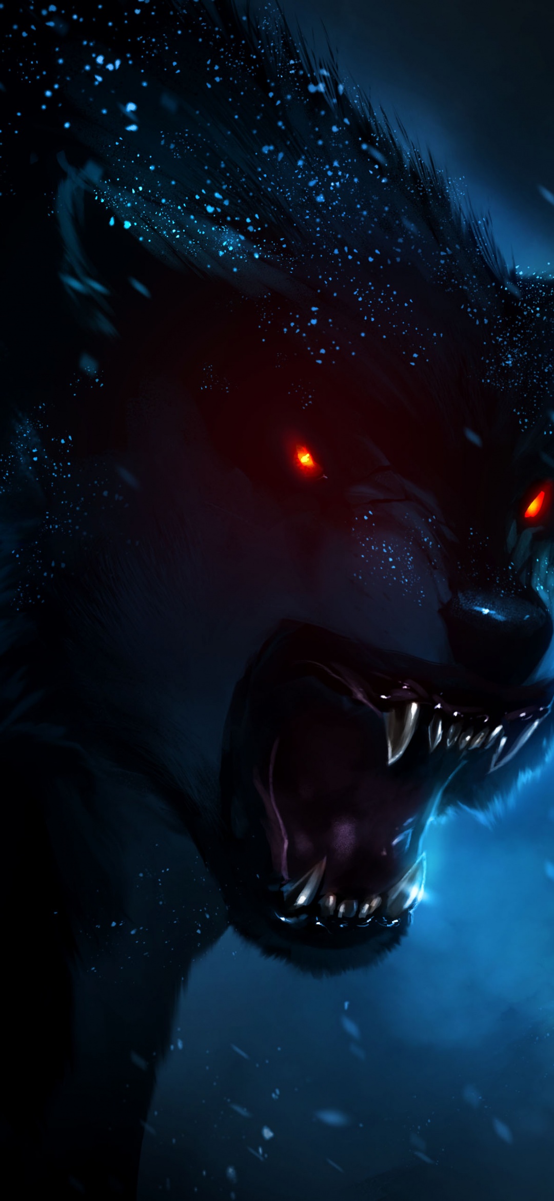 Black Wolf Wallpaper 4K, Red eyes, Snowfall