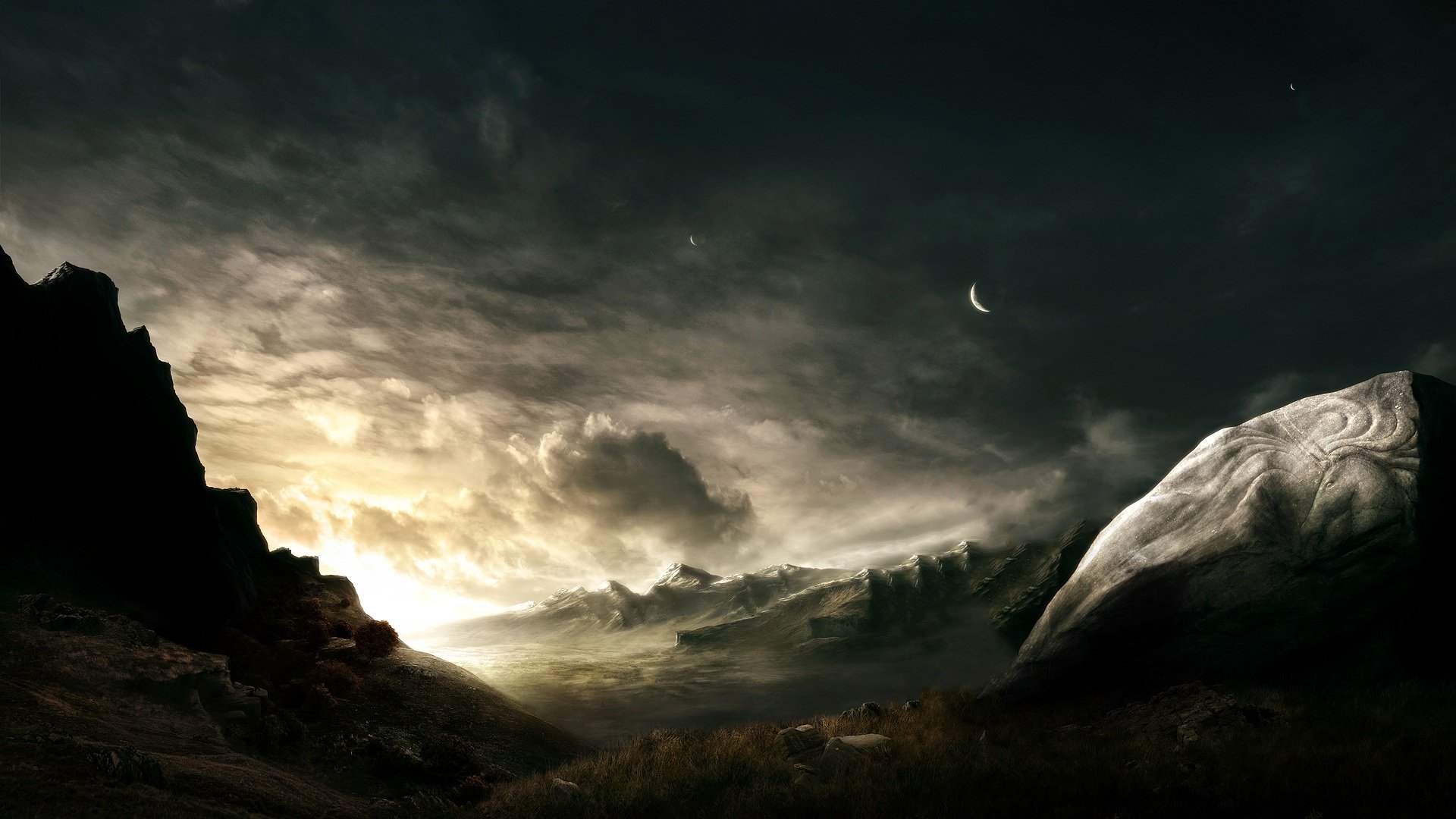 Dark Sci Fi Mountain Sunrise: HD Futuristic Landscape Wallpaperx1080