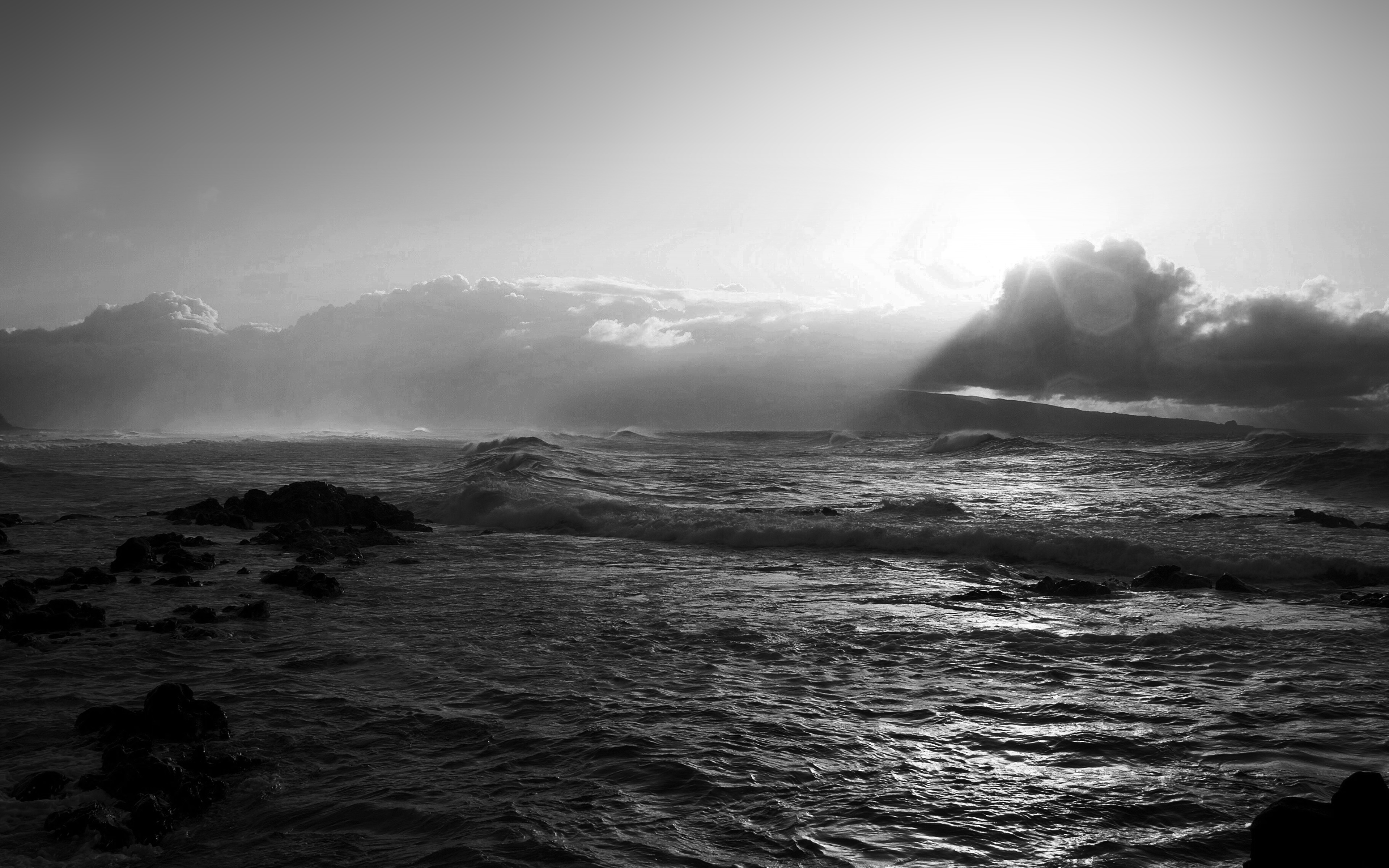 Sea Ocean Rock Nature Wave Sky Bw Dark