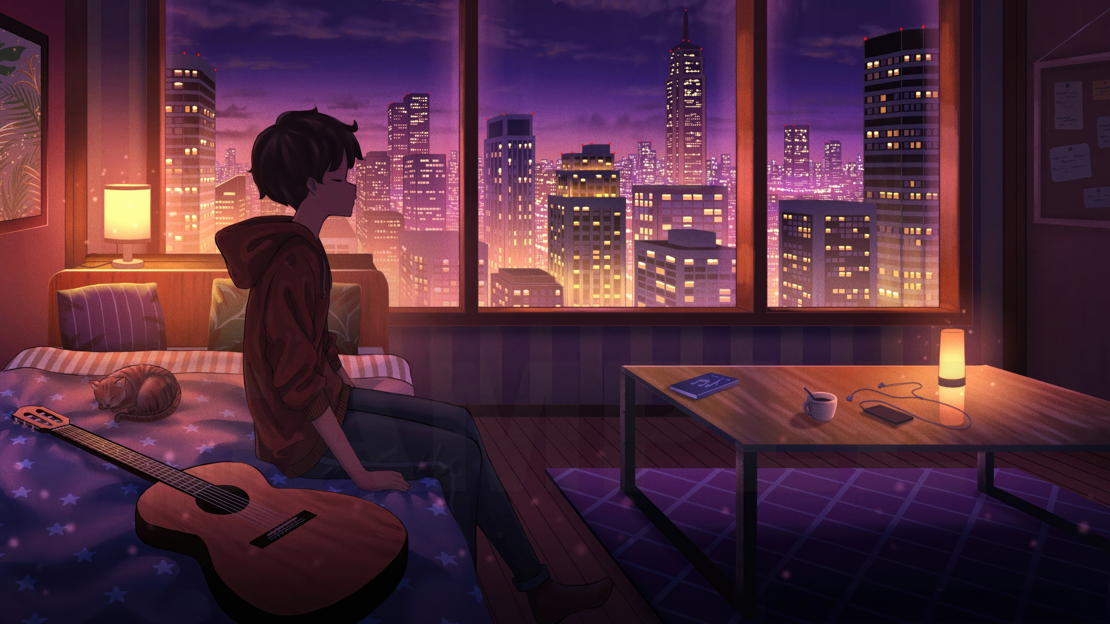 Lofi boy Wallpaper 4K, Guitar, Lonely