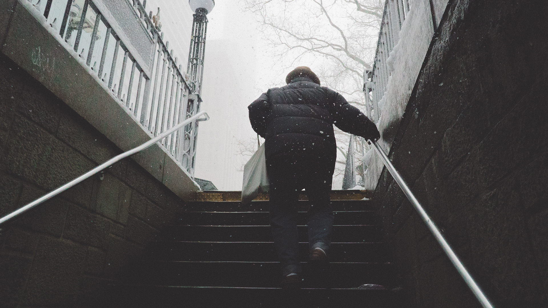 Snowing Stairs Behind Railing Climbing