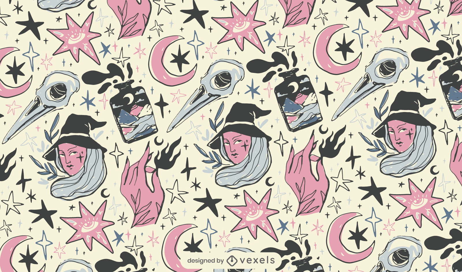 Mystical Modern Witch Pattern Design