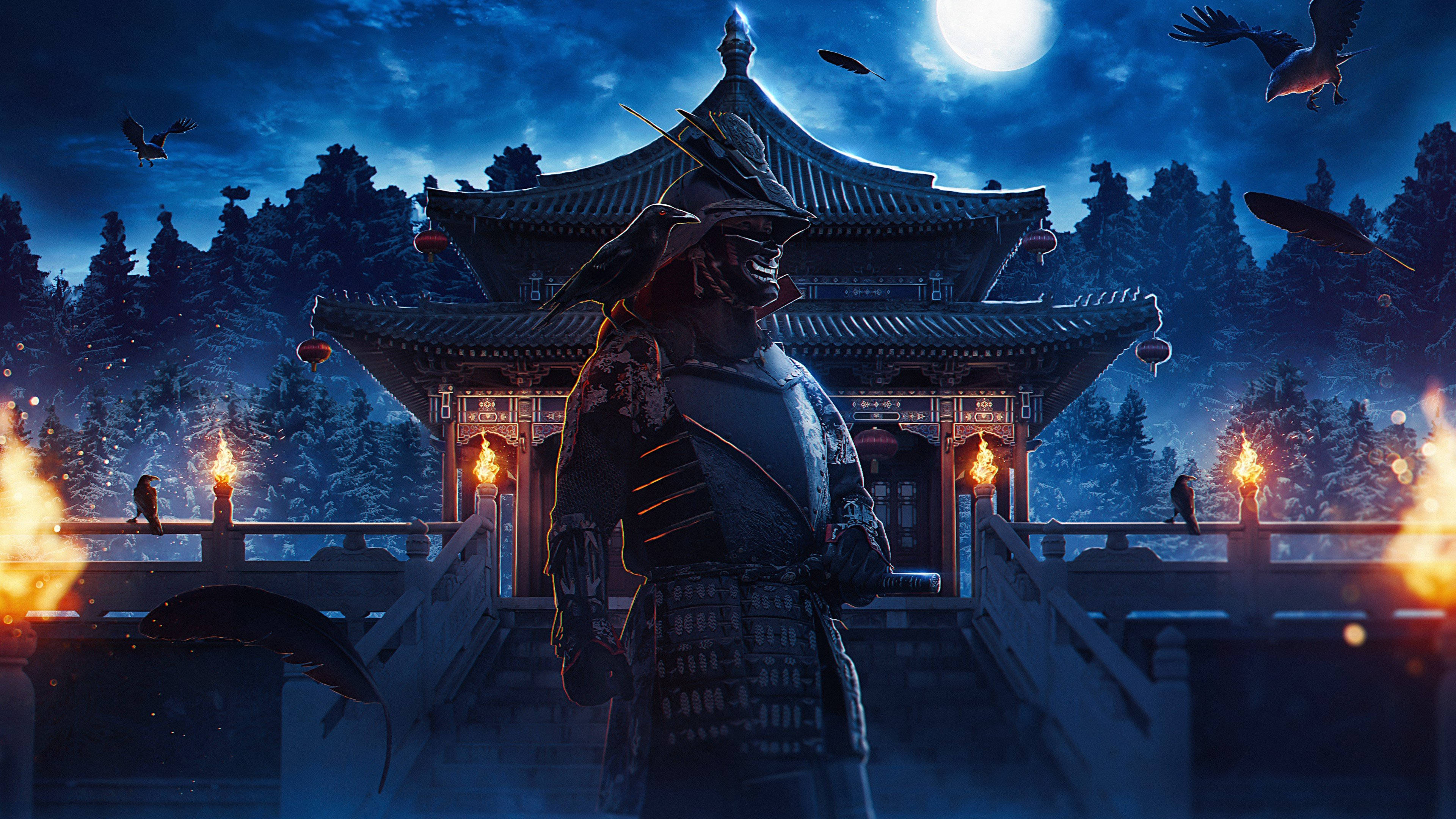 Samurai in Outside a Temple 3840x2160