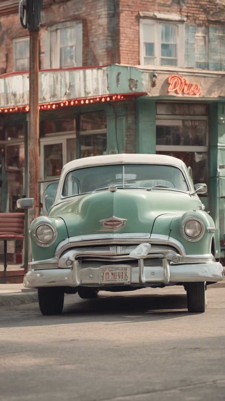 A 1950s vintage car in faded sage green