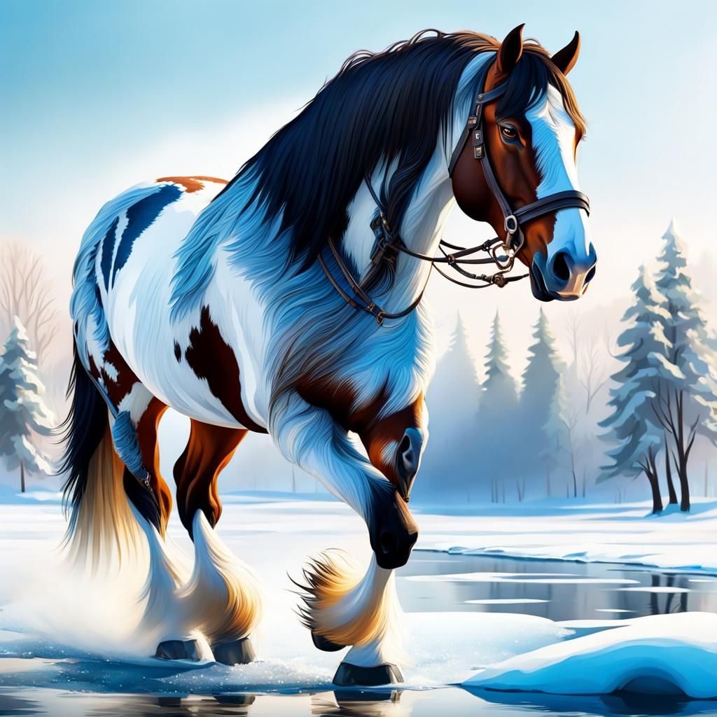 Clydesdale Horse walking on a frozen