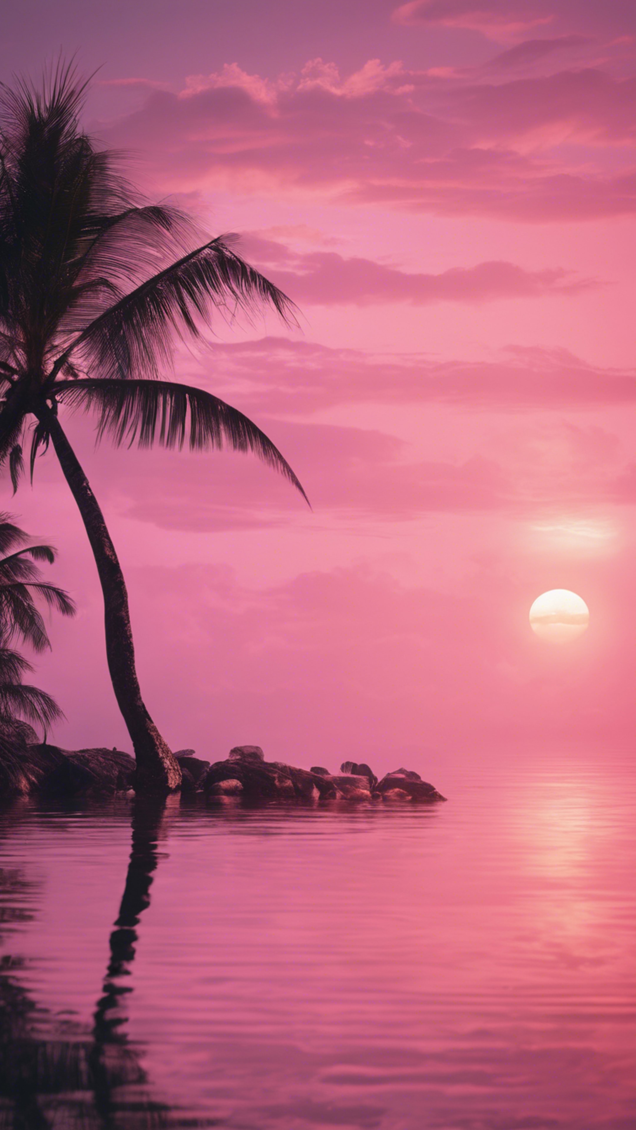 A pink tropical sunset reflecting