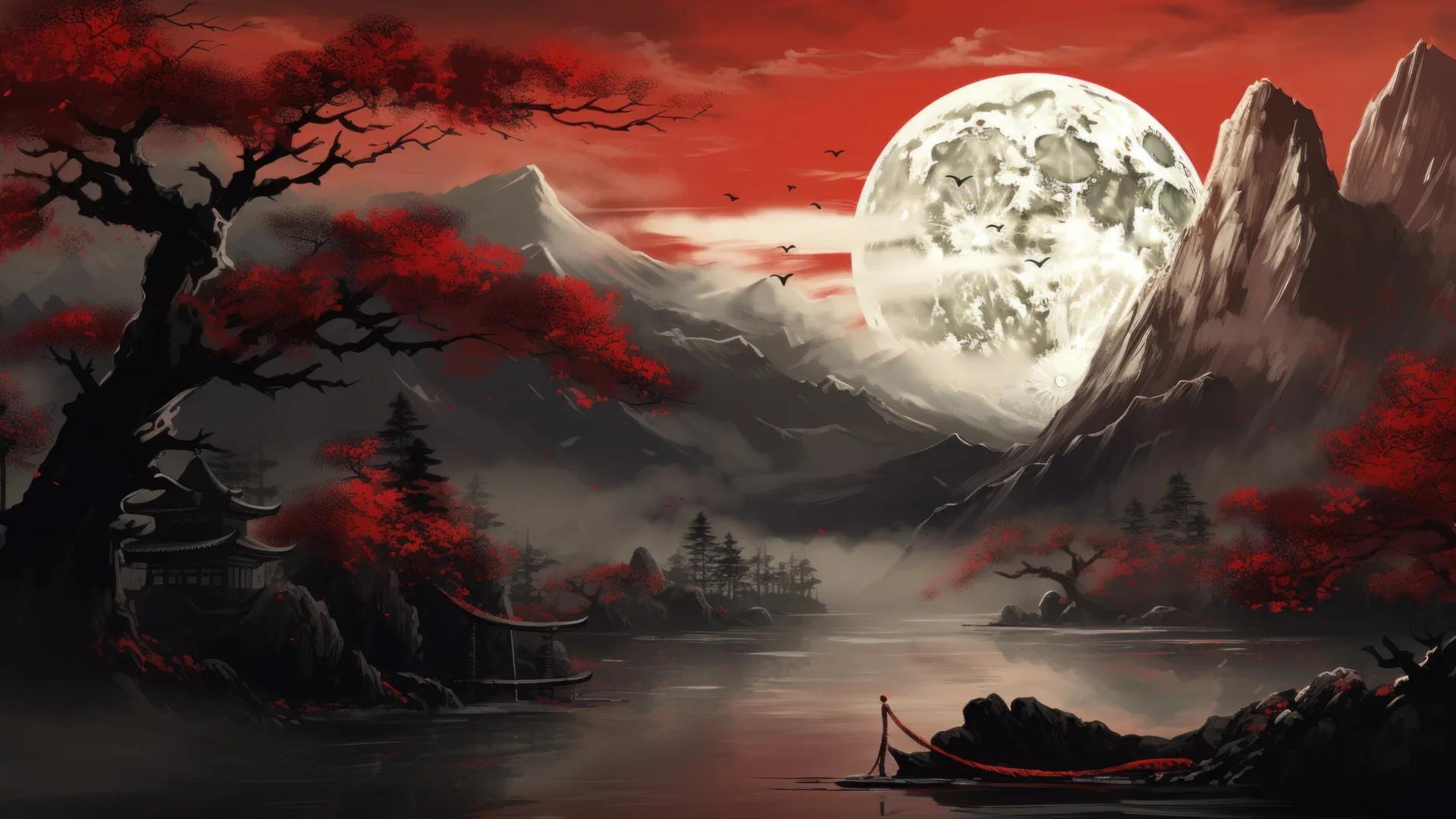 Red Japanese Mountain Painting AI