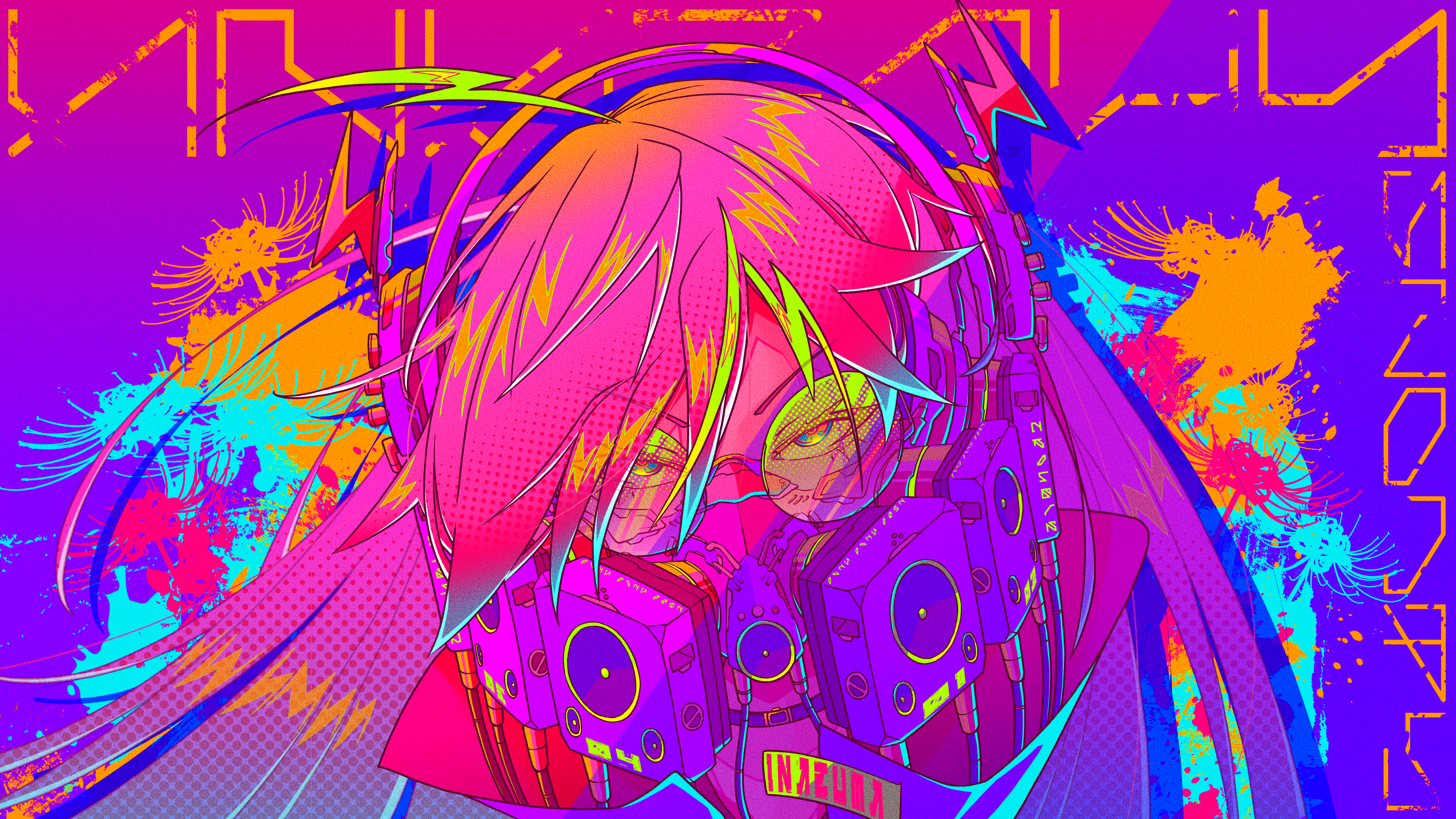 anime girls, colorful, mask, digital